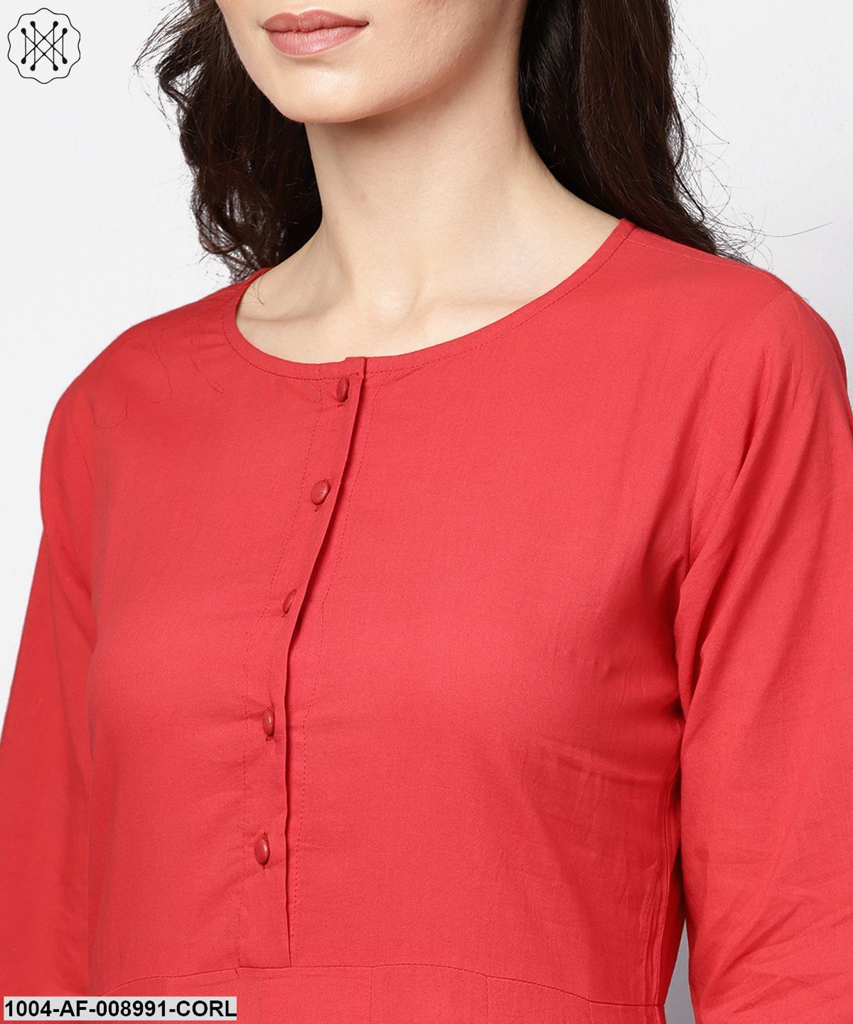 Coral Pink 3/4Th Sleeve A-Line Cotton Kurta With Palazzo