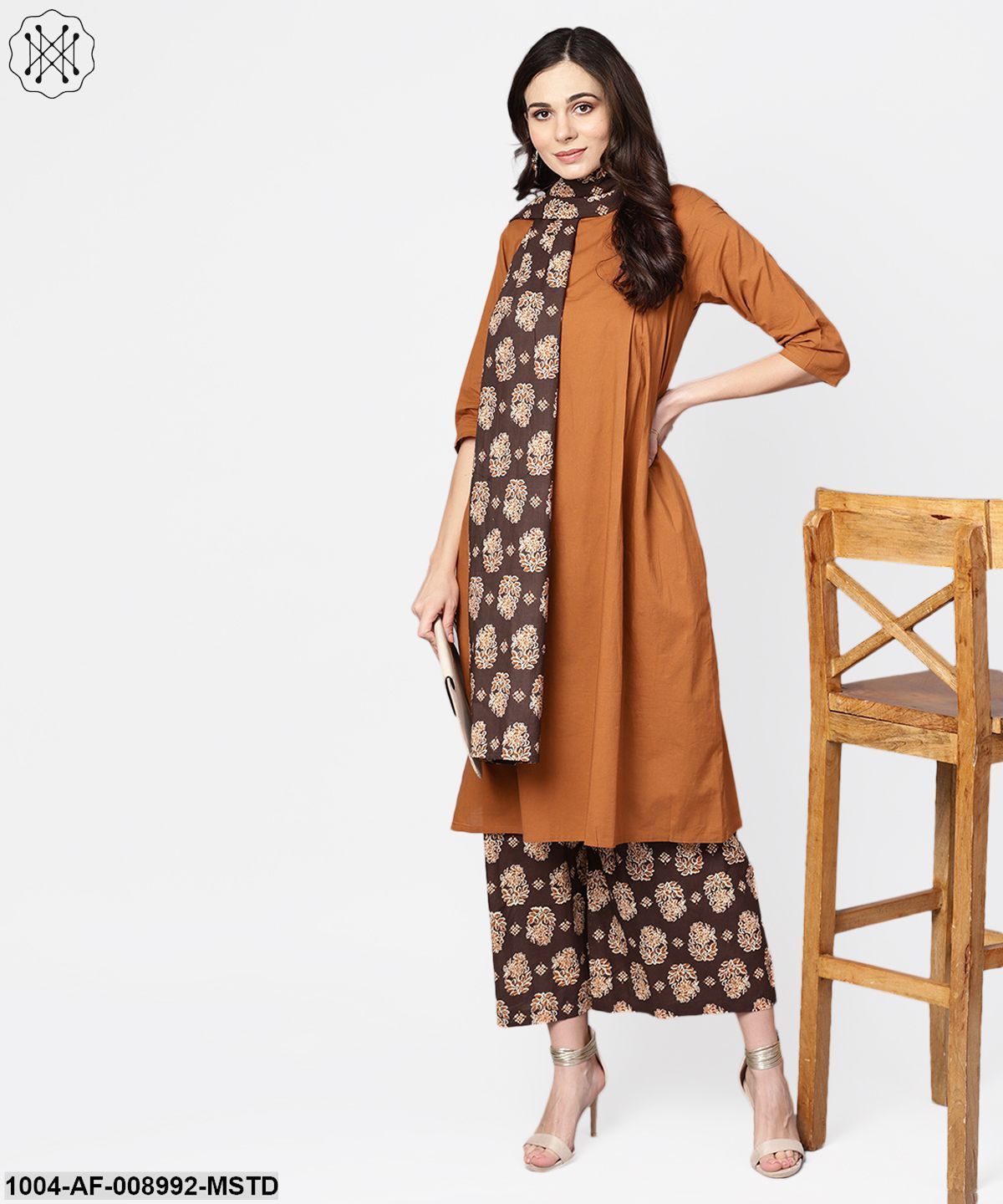 Solid Mustard Kurta Set With Chocolate Brown Printed Palazzo & Dupatta
