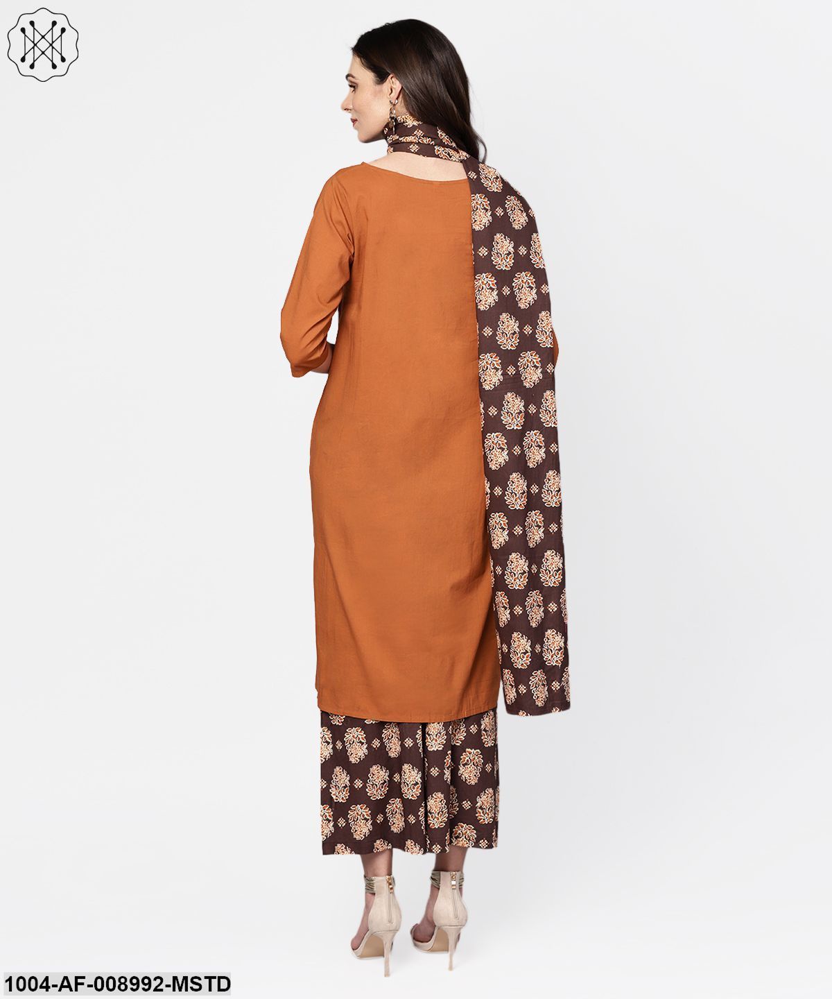Solid Mustard Kurta Set With Chocolate Brown Printed Palazzo & Dupatta