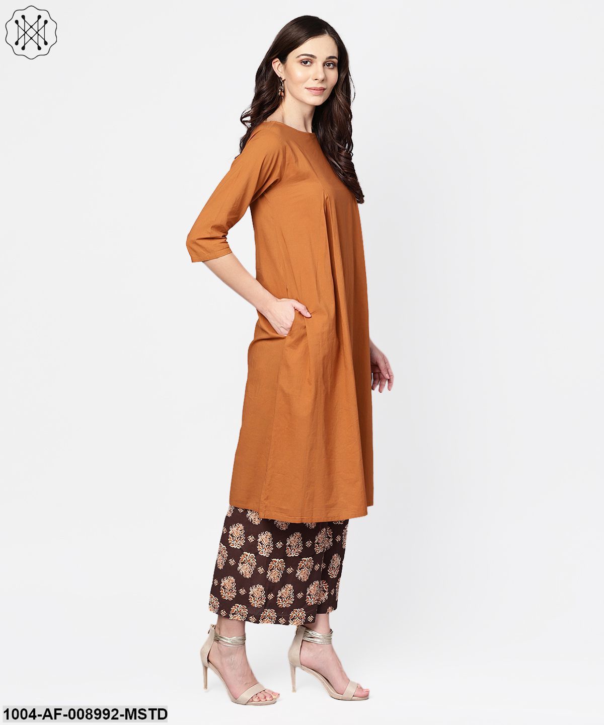 Solid Mustard Kurta Set With Chocolate Brown Printed Palazzo & Dupatta