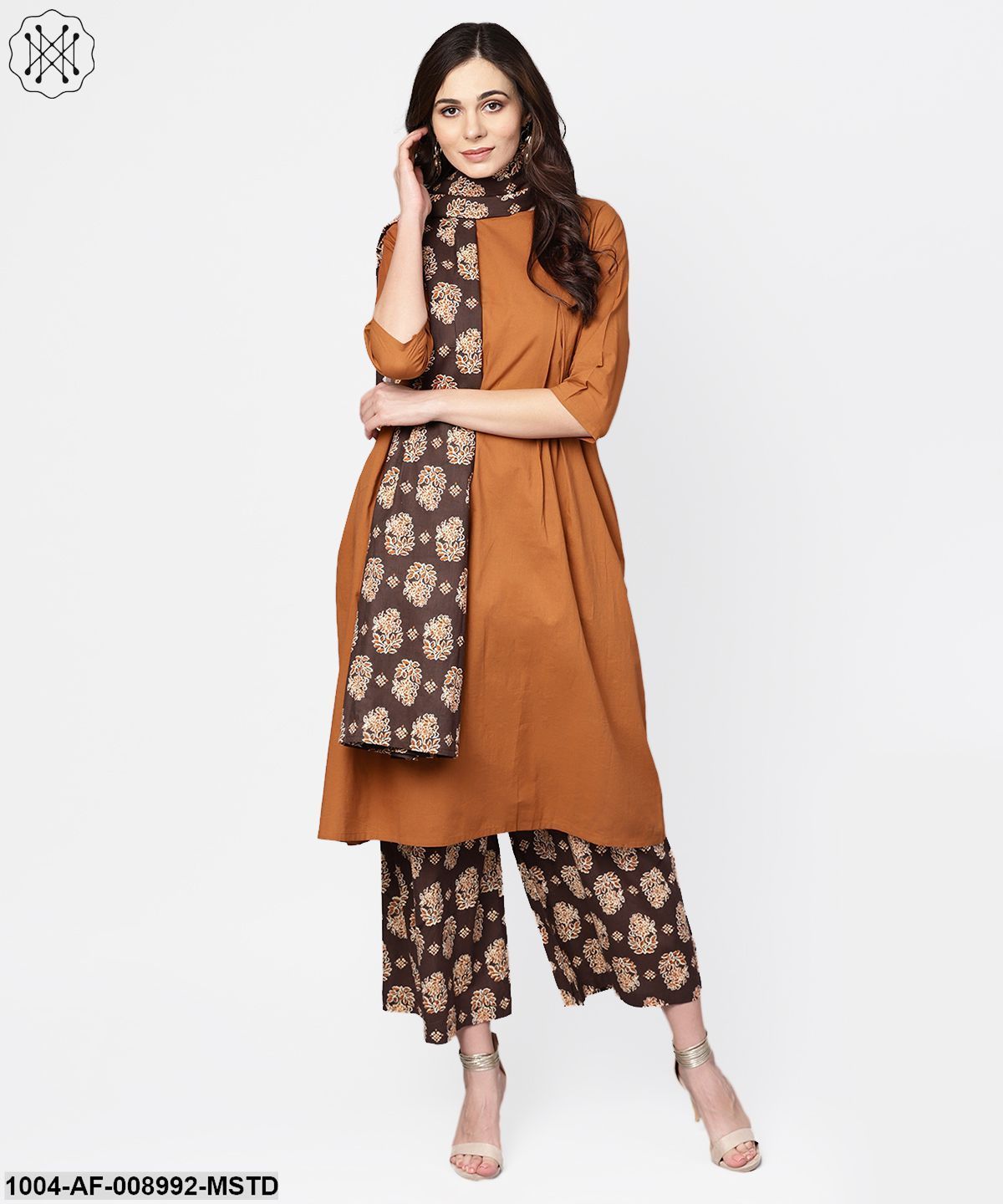 Solid Mustard Kurta Set With Chocolate Brown Printed Palazzo & Dupatta