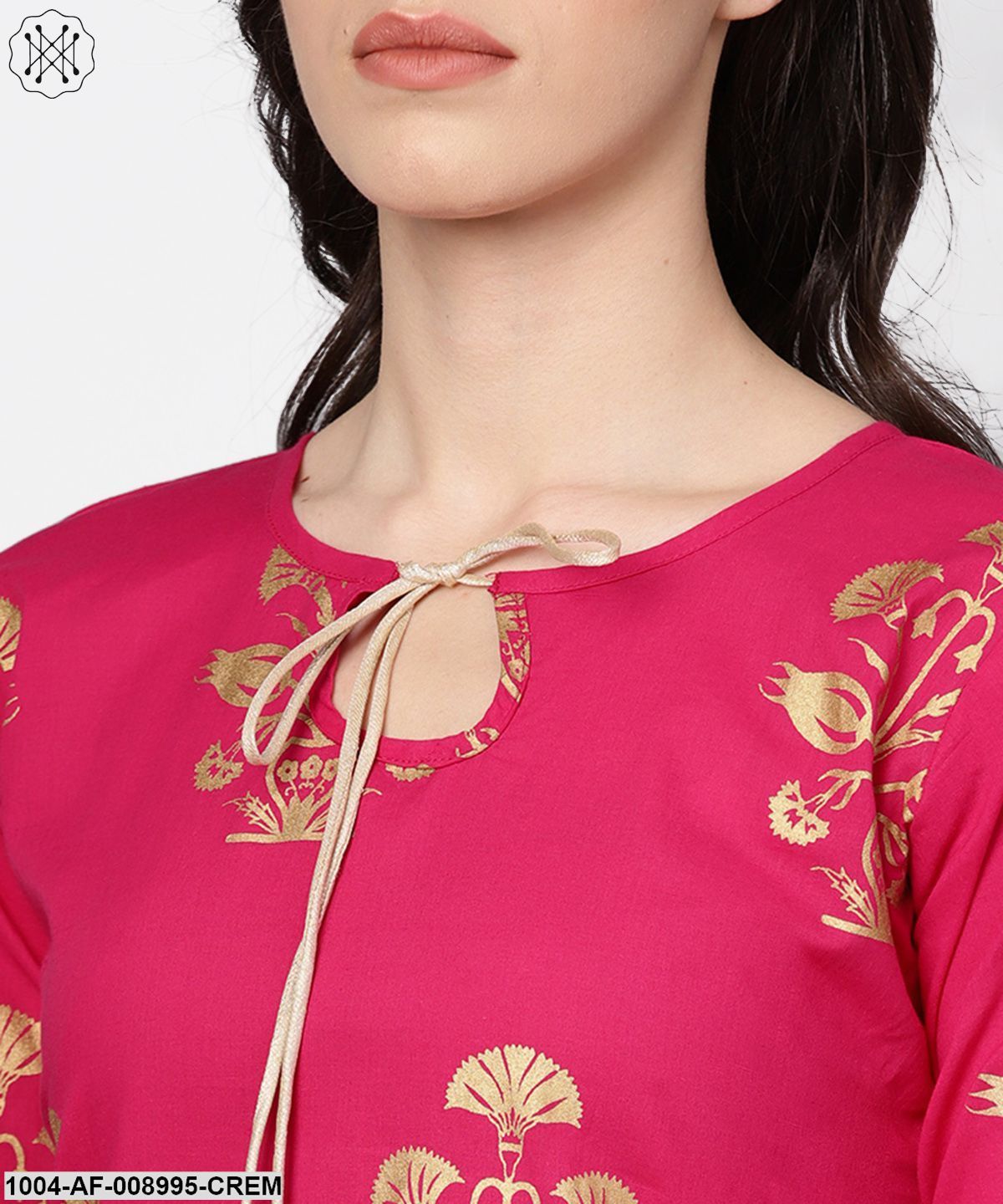 Cream Gold Printed Three Piece Kurta Set With Palazzo & Dupatta