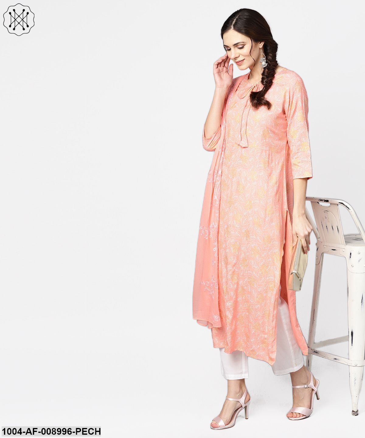 Peach Printed 3/4Th Sleeve Kurta With Dupatta And White Palazzo