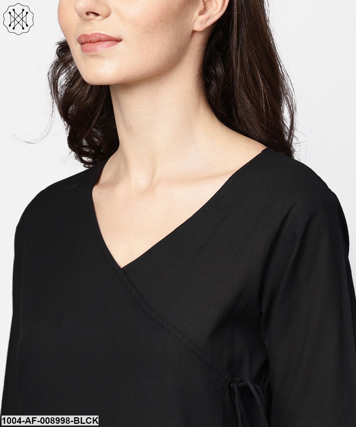 Black 3/4Th Sleeve Cotton Kurta With Palazzo And Printed Dupatta