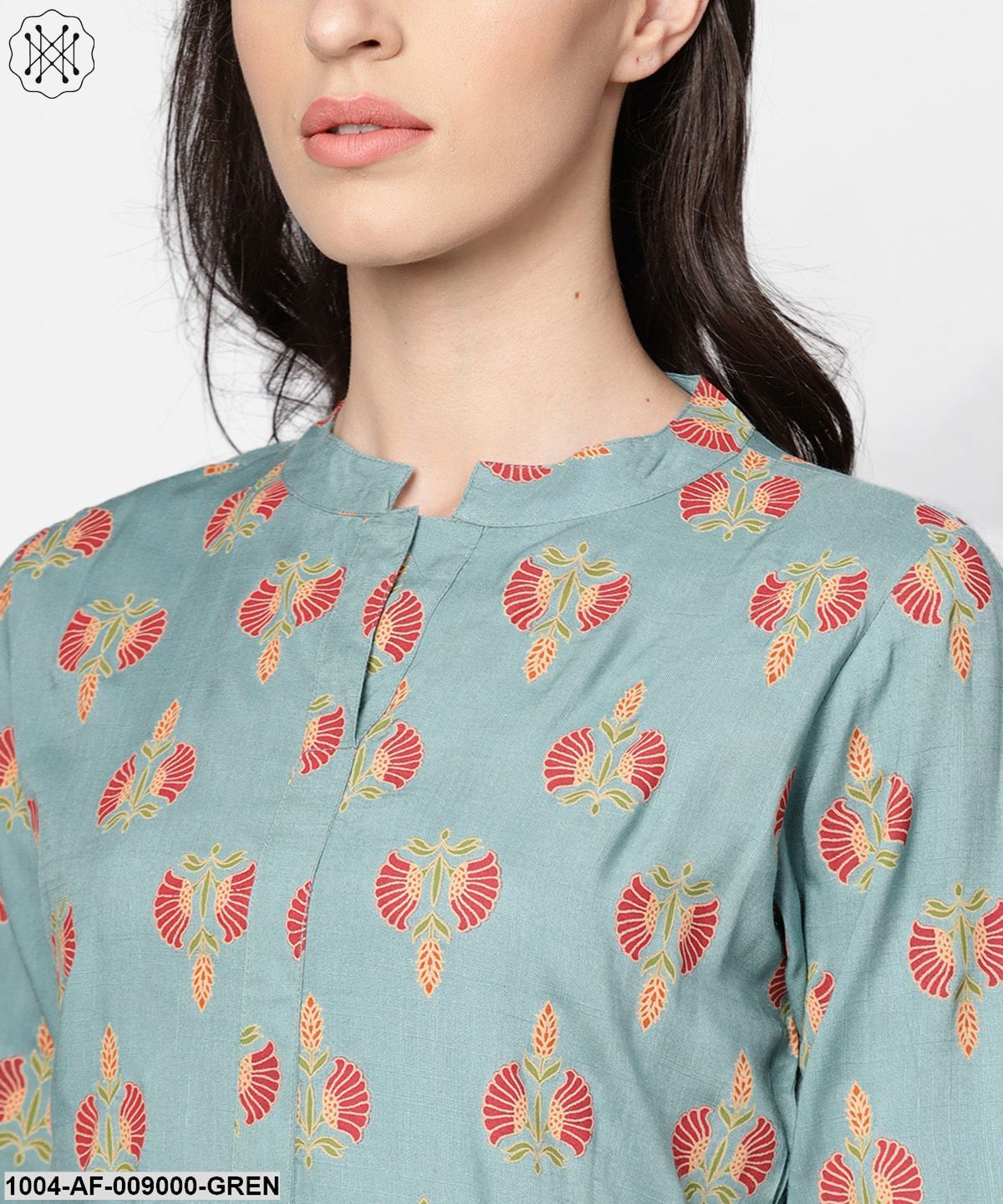 Green Printed Half Sleeve Cotton Kurta With Beige Churidar And Dupatta