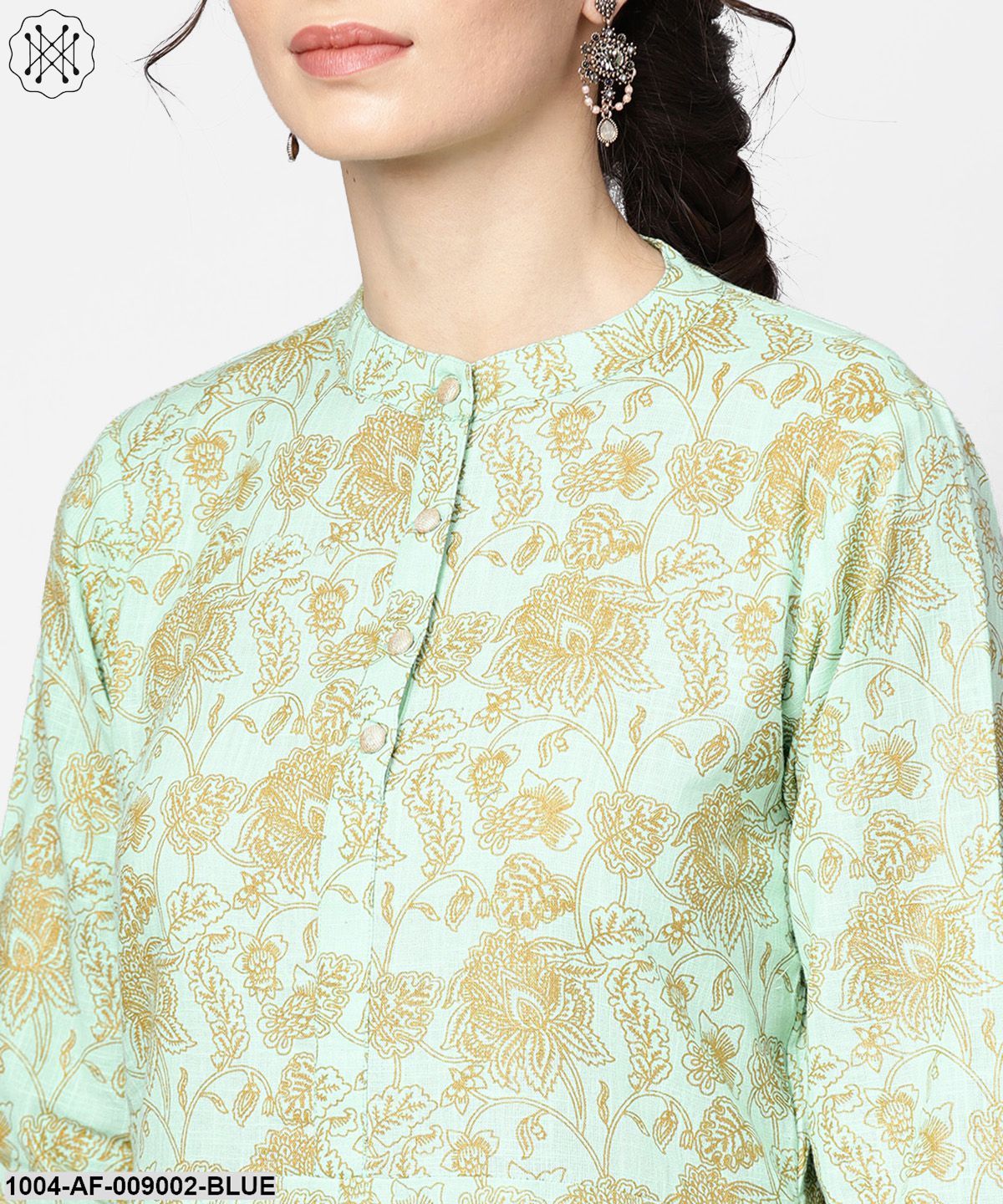 Blue Printed 3/4Th Sleeve Cotton Kurta With Printed Palazzo And Embroidery Dupatta