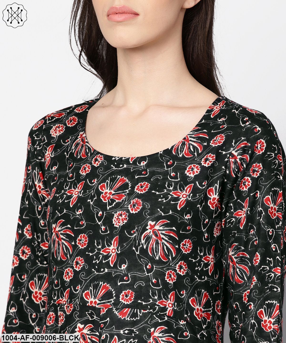 Black Printed Full Sleeve Rayon Kurta With Dupatta And Solid Beige Palazzo