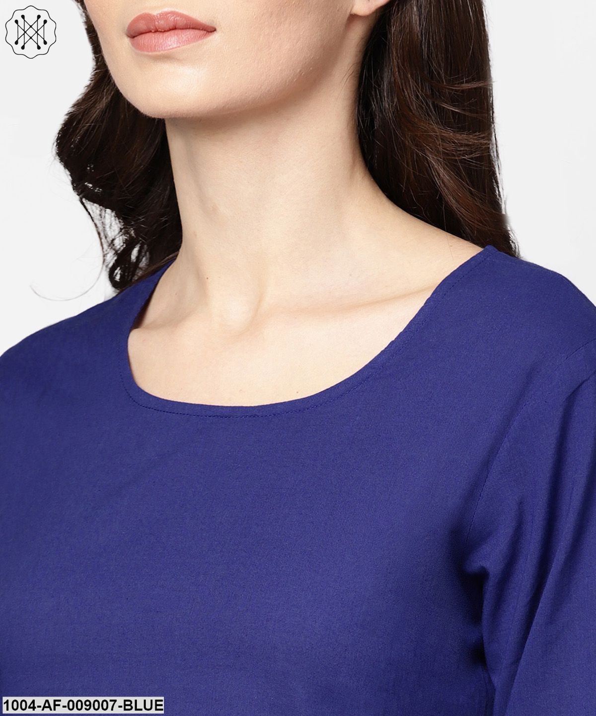 Blue 3/4Th Sleeve Cotton A-Line Kurta With Palazzo And Yellow Dupatta