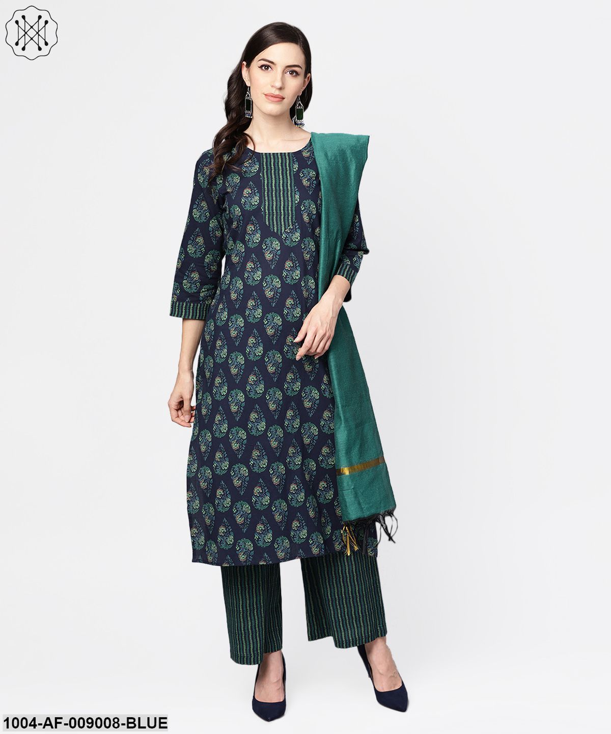 Navy Blue Printed 3/4Th Sleeve Cotton Kurta With Striped Palazzo And Dupatta