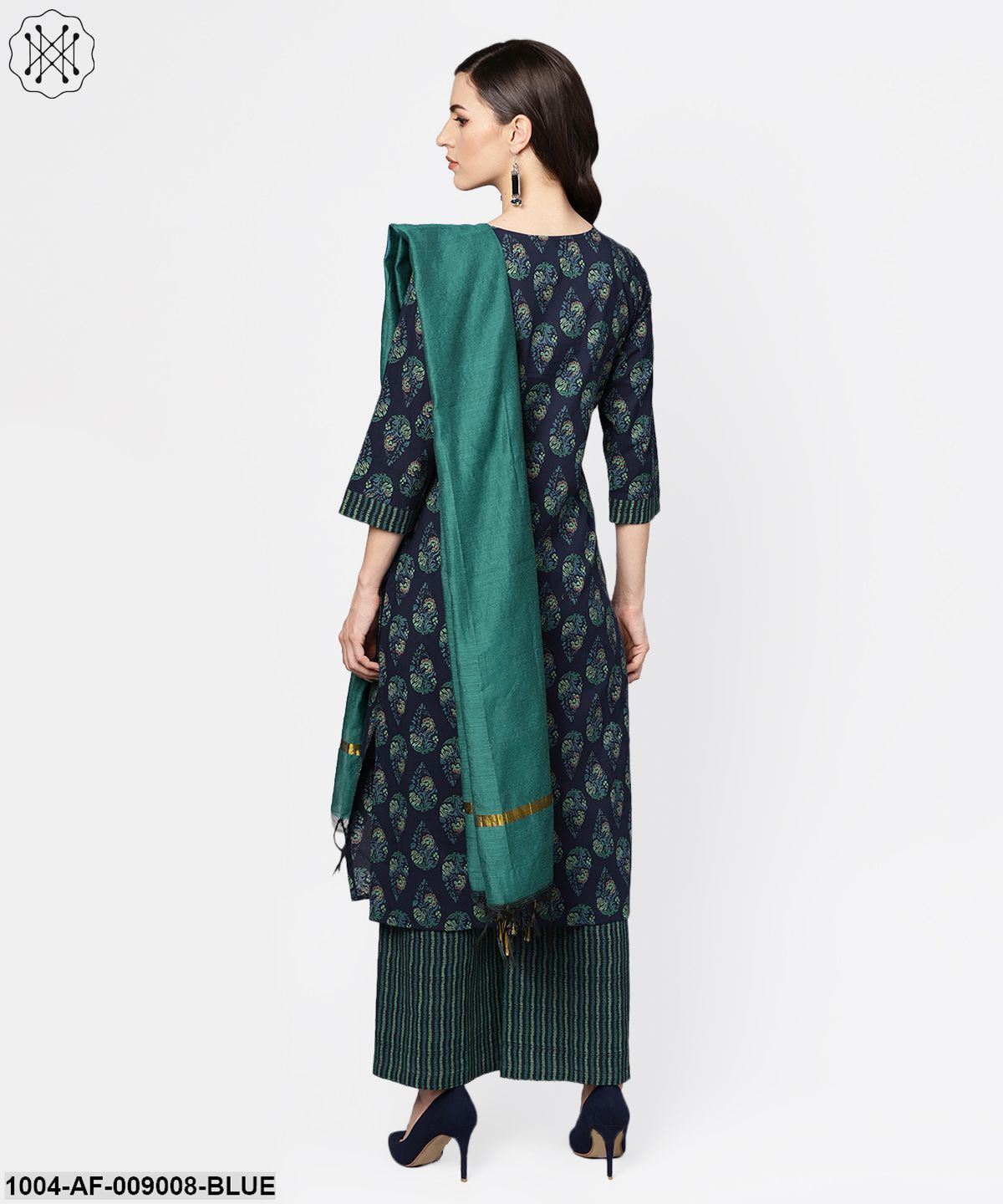 Navy Blue Printed 3/4Th Sleeve Cotton Kurta With Striped Palazzo And Dupatta