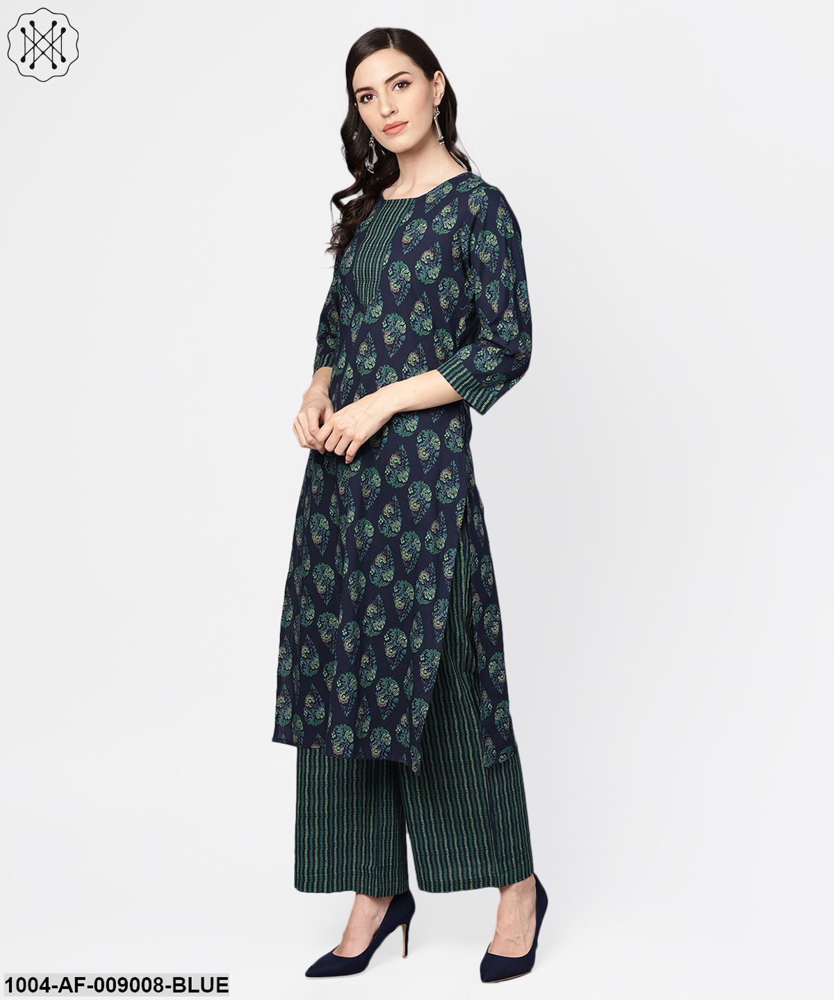 Navy Blue Printed 3/4Th Sleeve Cotton Kurta With Striped Palazzo And Dupatta