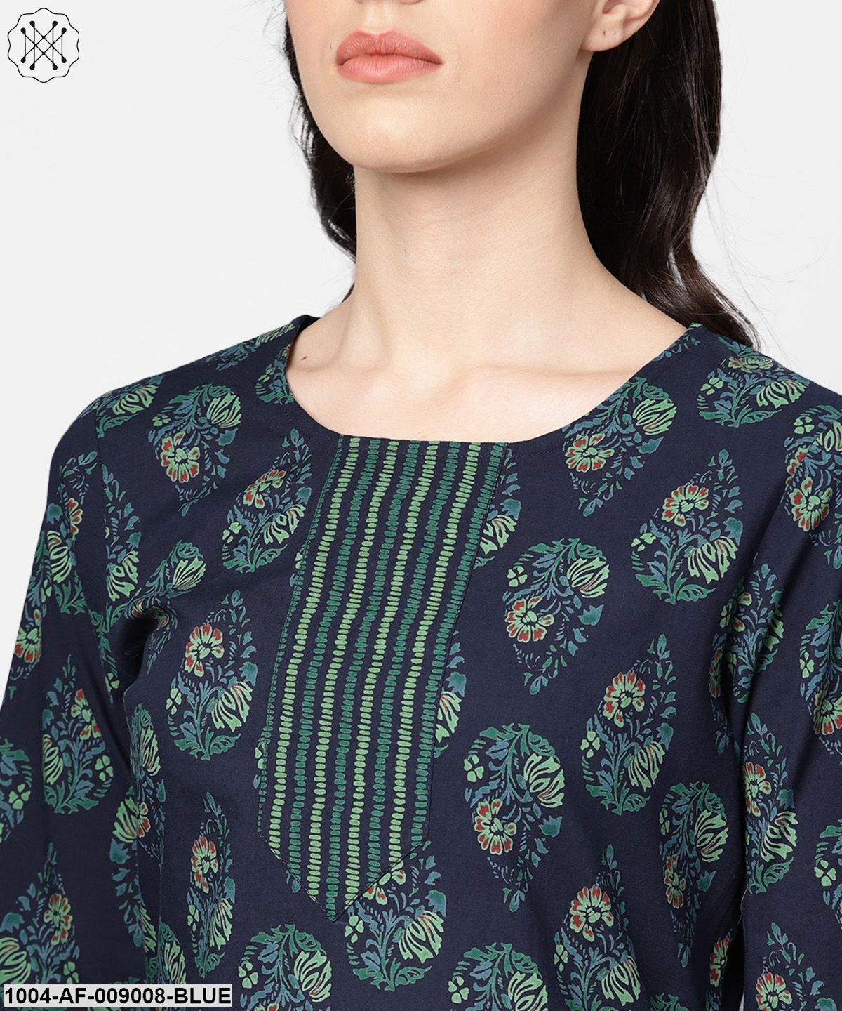 Navy Blue Printed 3/4Th Sleeve Cotton Kurta With Striped Palazzo And Dupatta