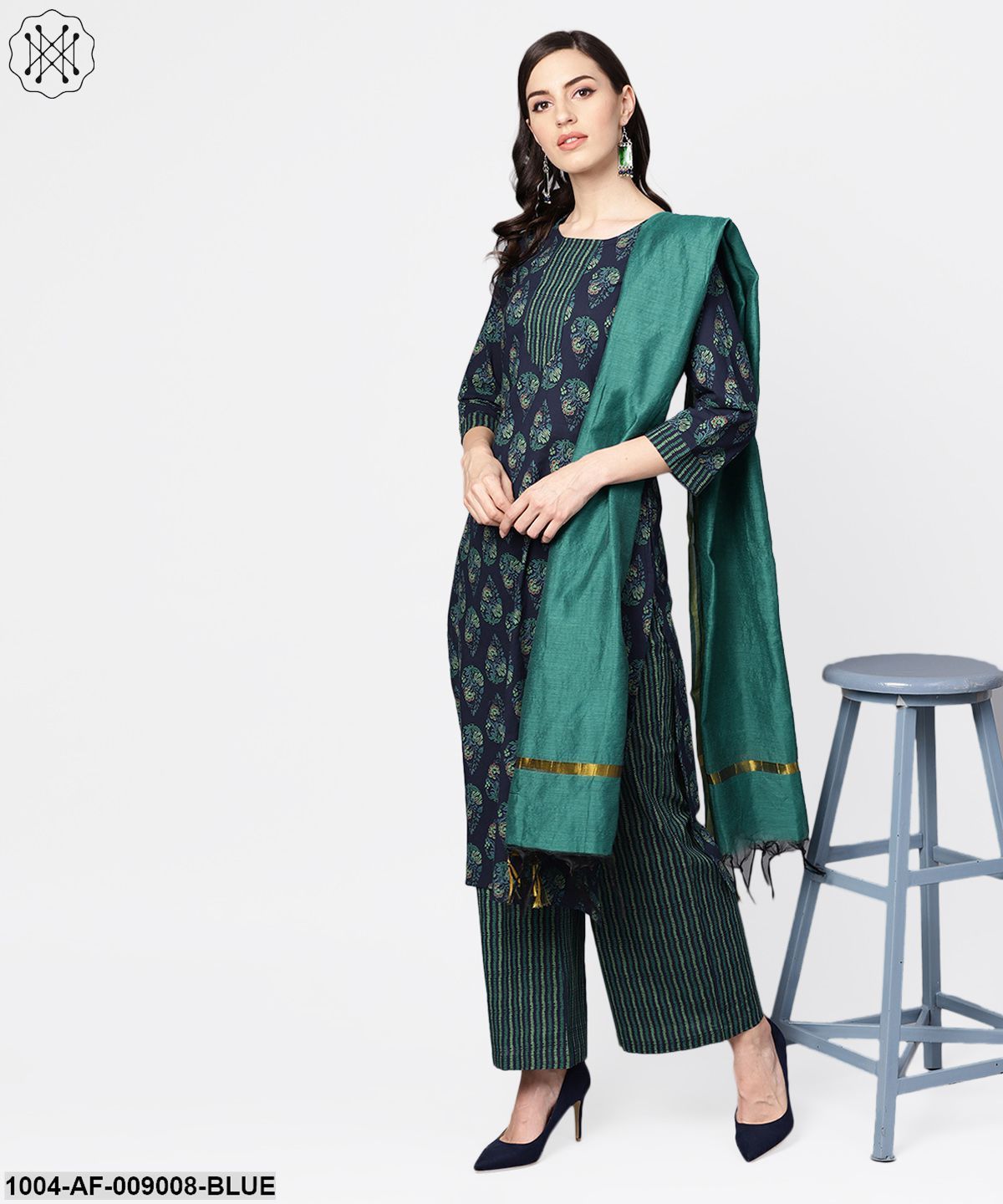 Navy Blue Printed 3/4Th Sleeve Cotton Kurta With Striped Palazzo And Dupatta