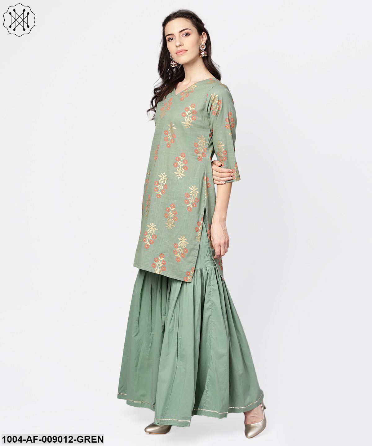 Green Printed Half Sleeve Cotton Kurta With Sahara