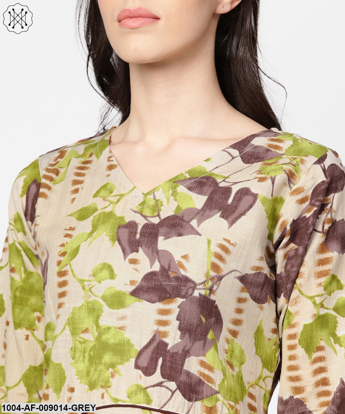 Grey Printed 3/4Th Sleeve Cotton Kurta With Coffee Brown Palazzo