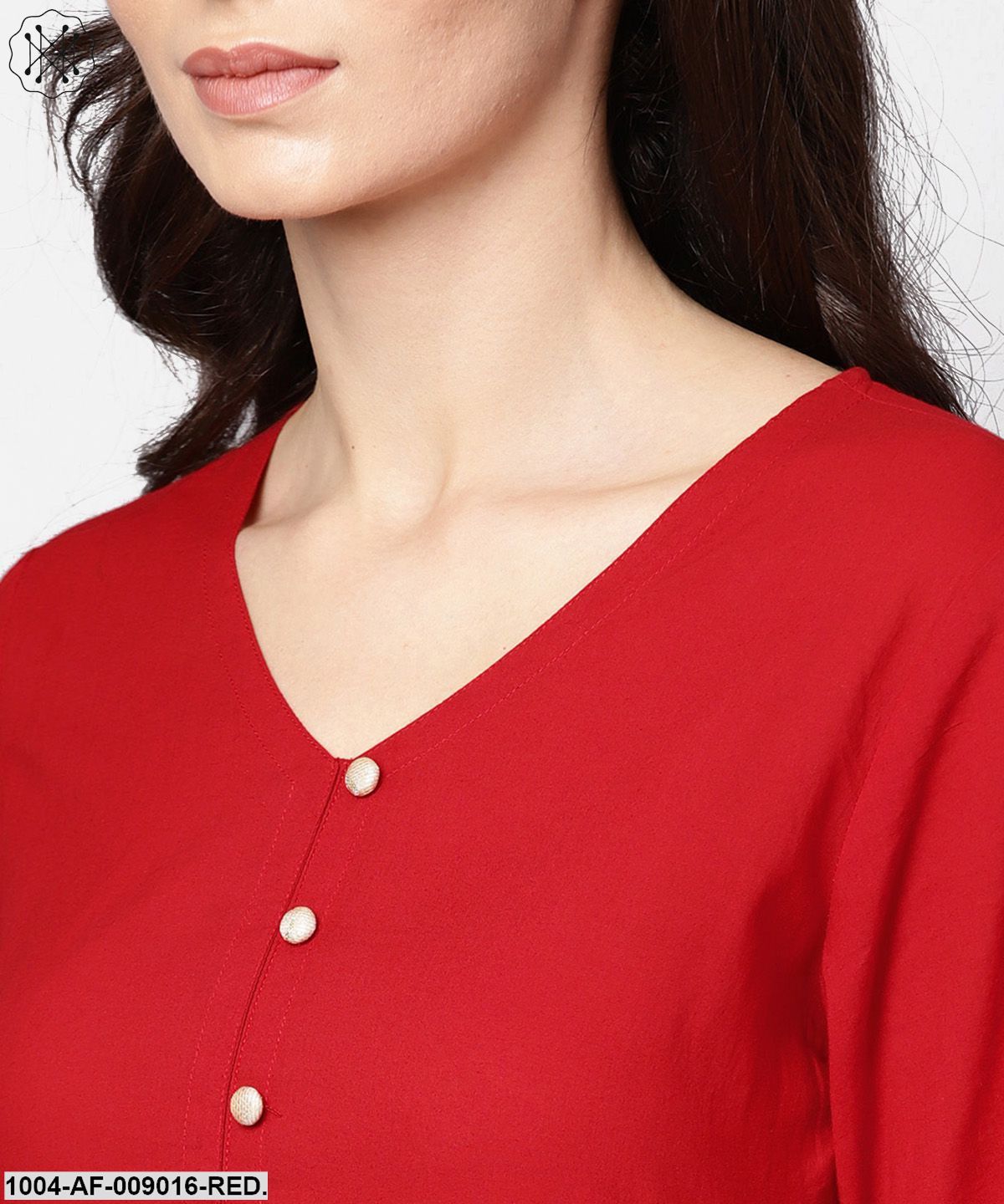 Red 3/4Th Sleeve Rayon Kurta With Palazzo And Printed Dupatta