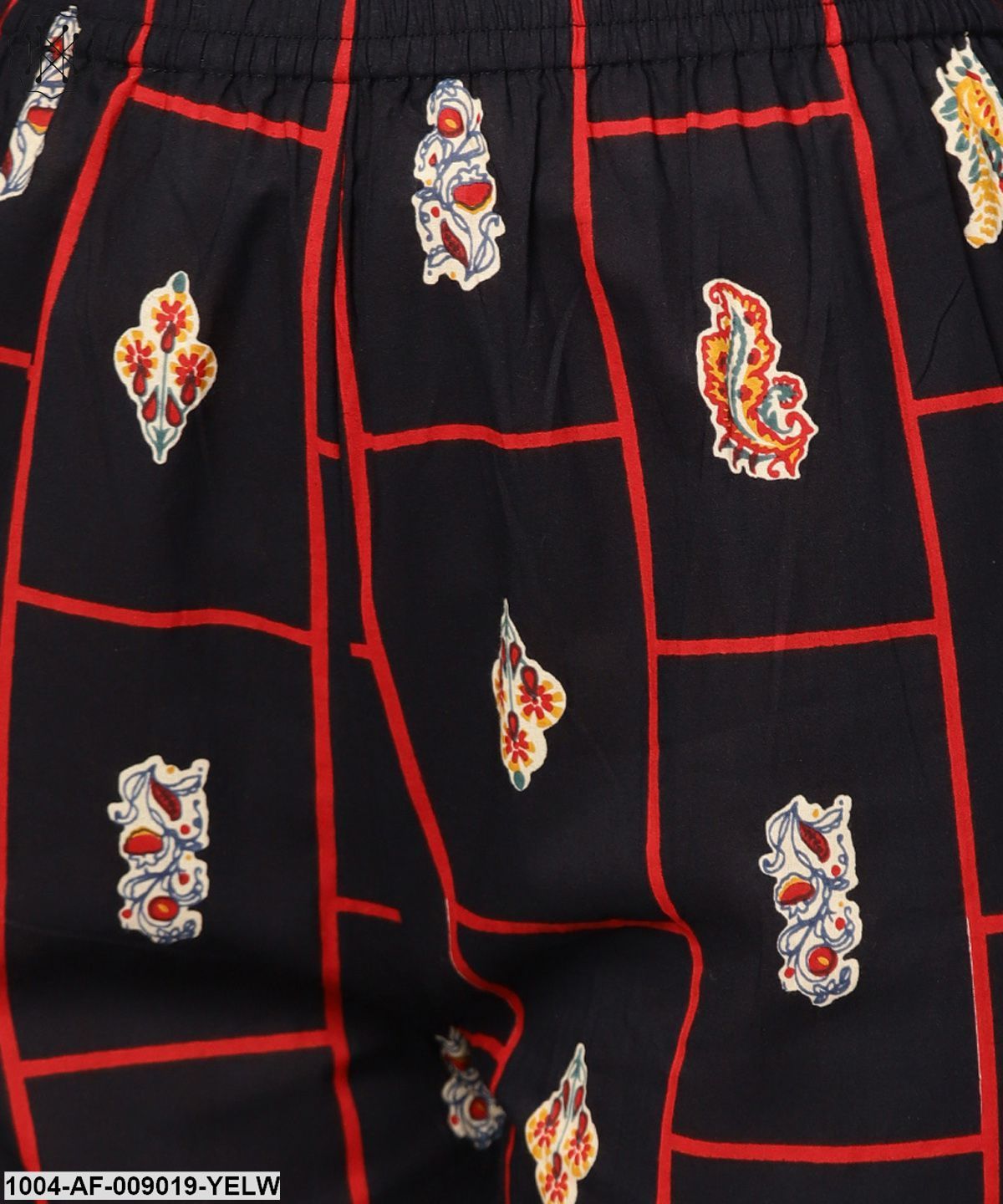 Yellow 3/4Th Sleeve Cotton Kurta With Navy Blue Ankle Length Palazzo