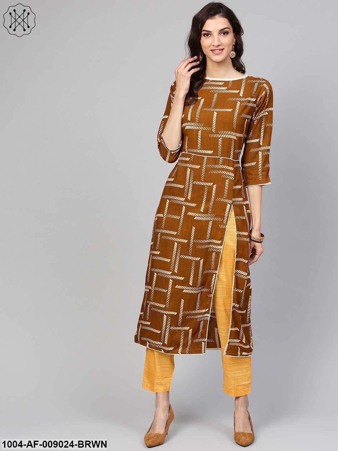 Dark Brown Printed Kurta Set With Contrasting Yellow Pants