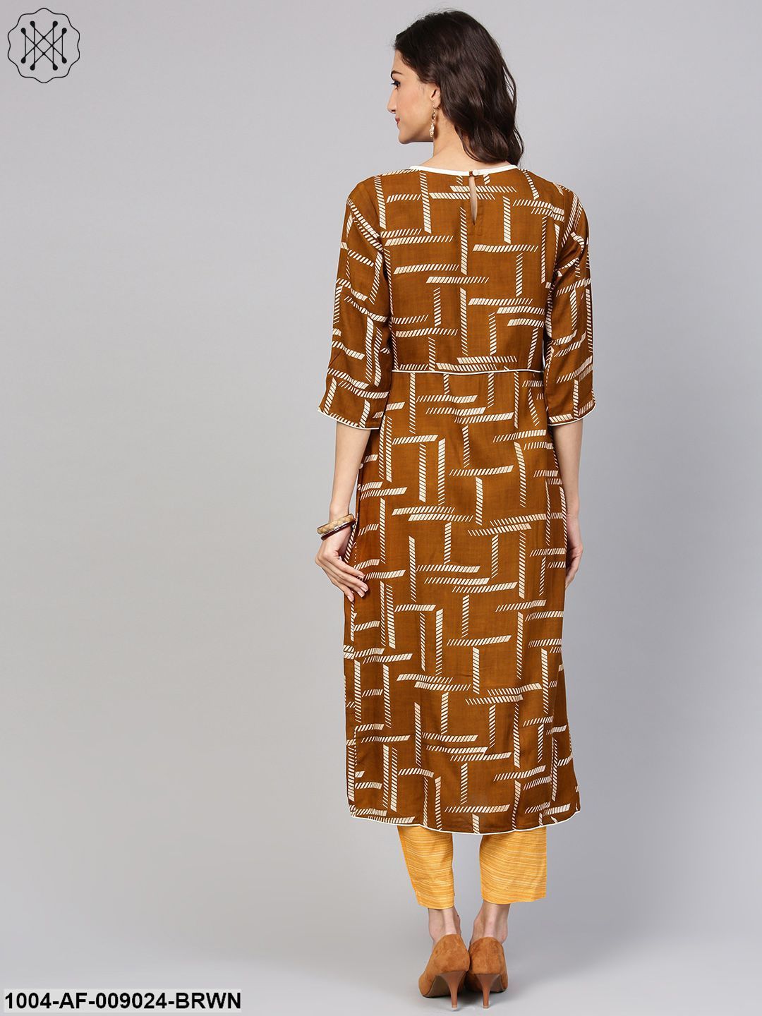 Dark Brown Printed Kurta Set With Contrasting Yellow Pants