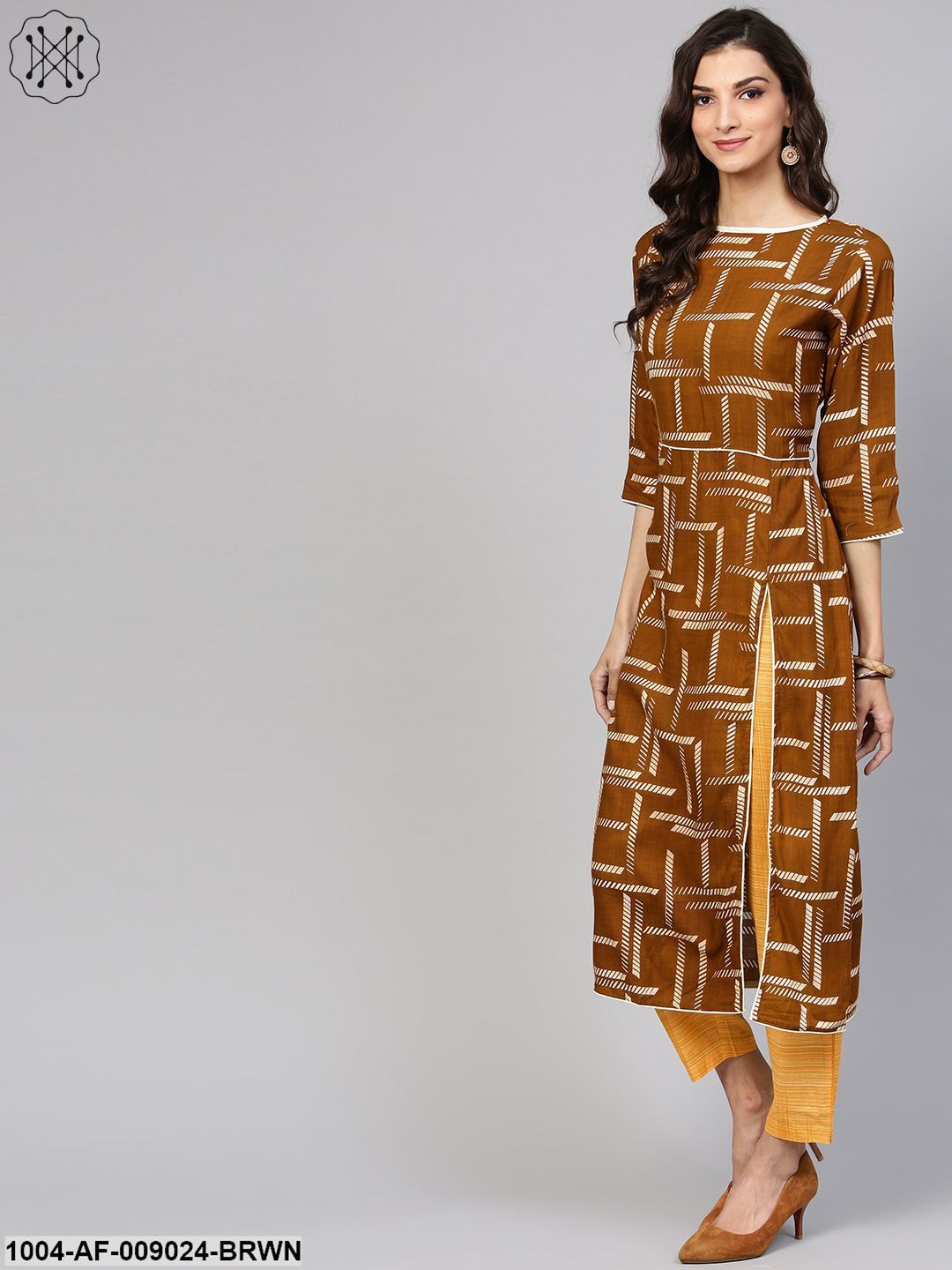 Dark Brown Printed Kurta Set With Contrasting Yellow Pants