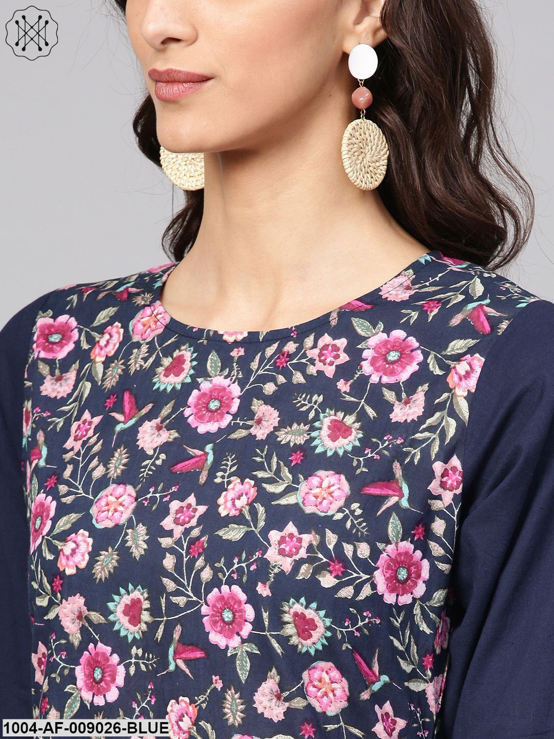 Navy Blue Floral Printed Kurta Set With Ankle Length Printed Sahara