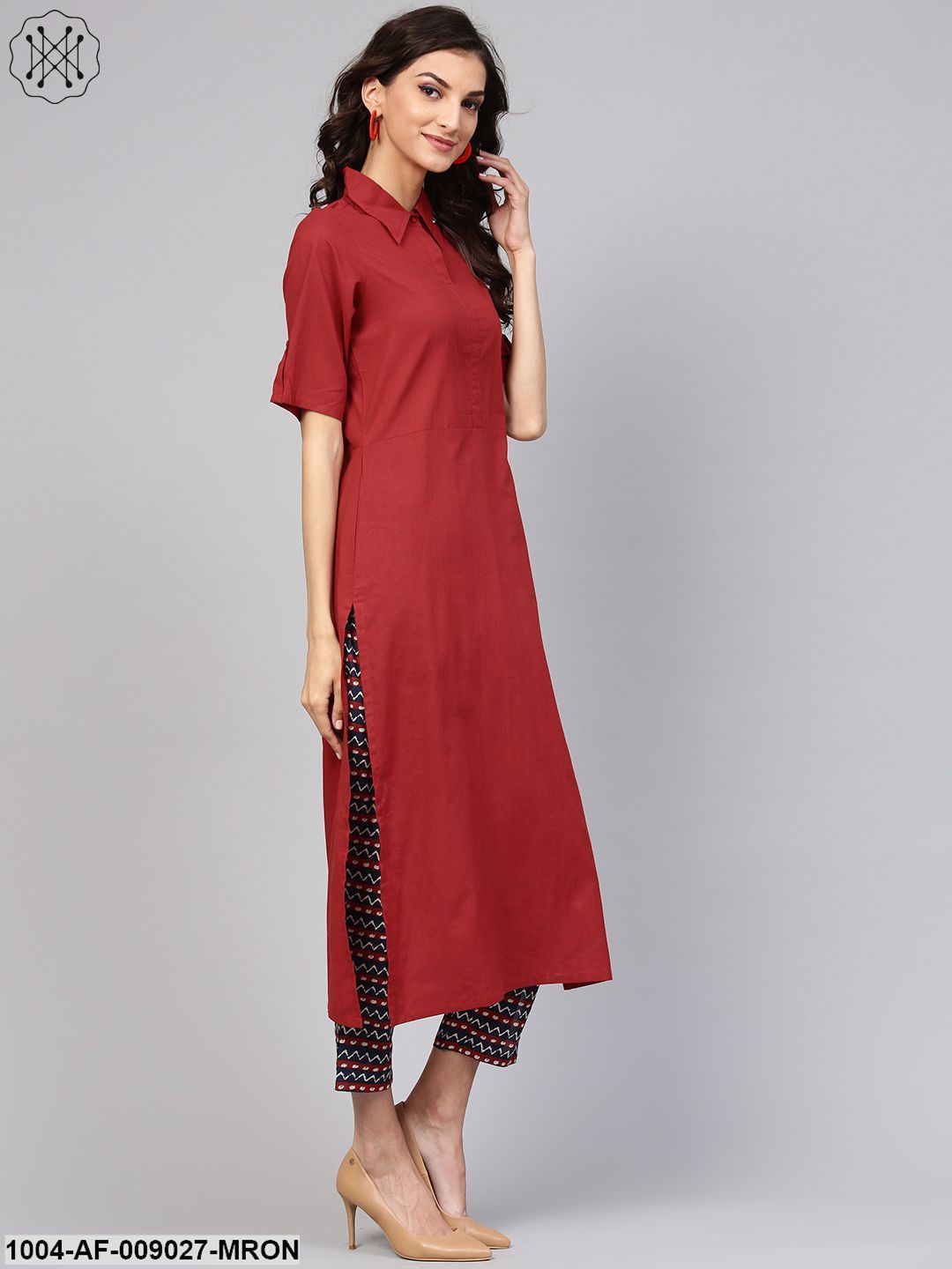 Solid Maroon Shirt Collared Kurta With Indigo Geometric Printed Pants