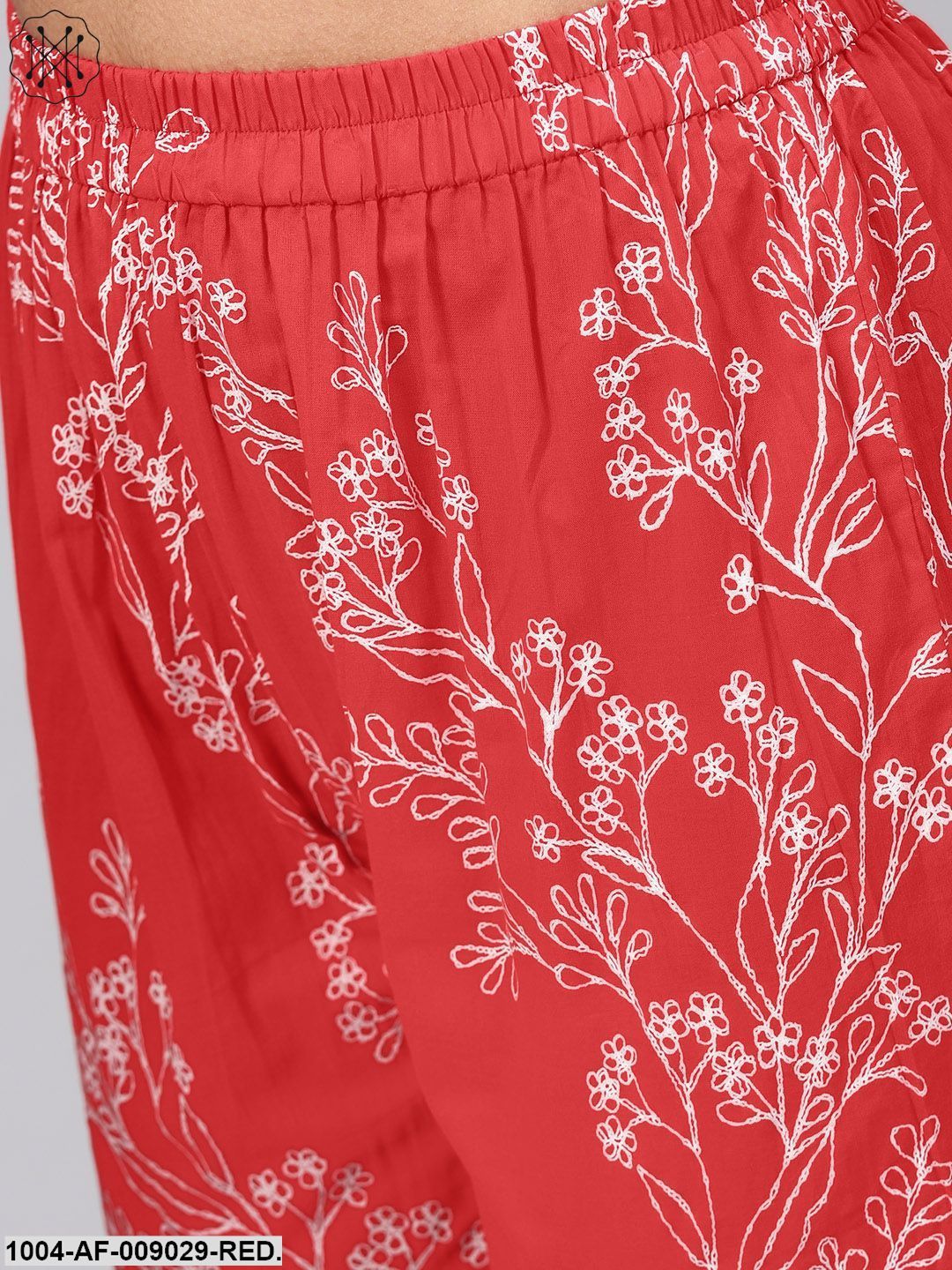 Solid Red Kurta With Detailed Printed Sleeves & Pants