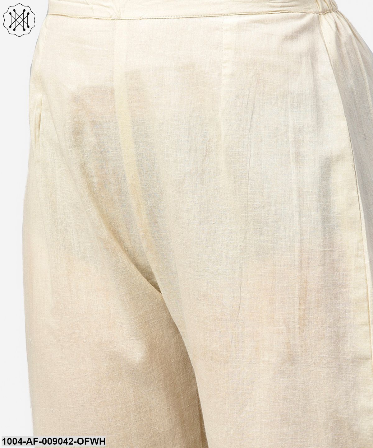 Off White & Red Printed 3/4Th Sleeve Cotton Pleated A-Line Kurta With Beige Palazzo