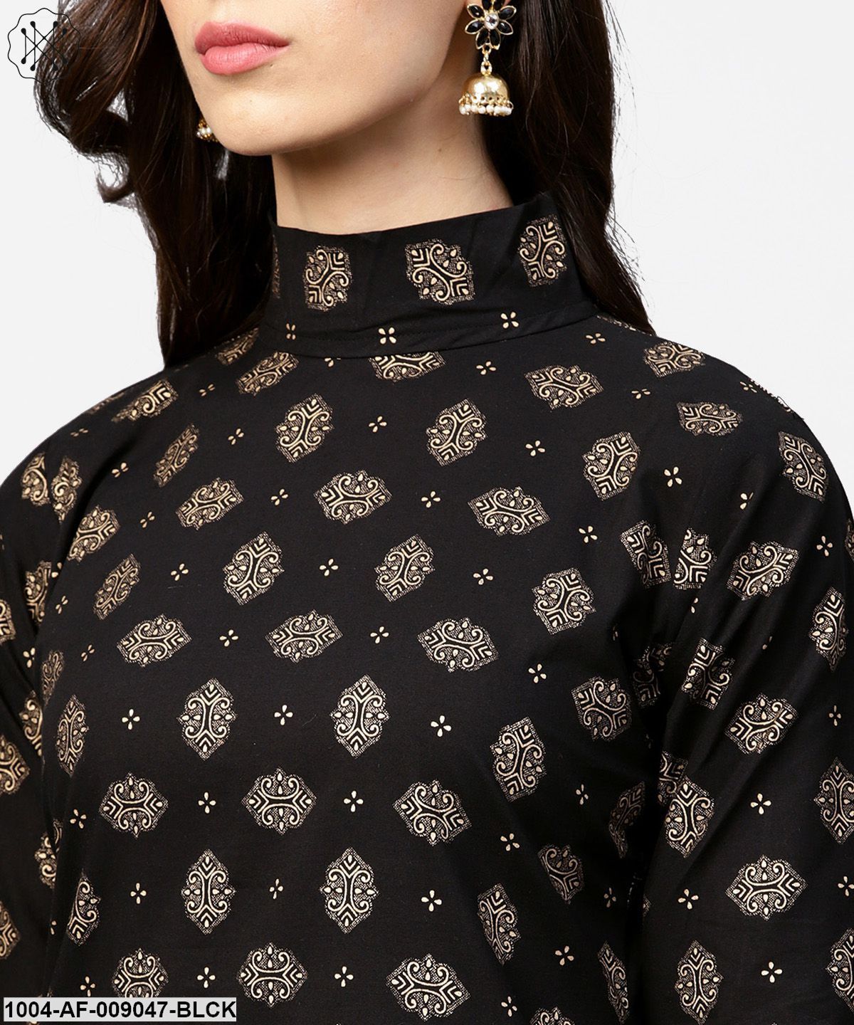 Black Printed 3/4Th Sleeve Cotton Kurta With Red Printed Flared Skirt