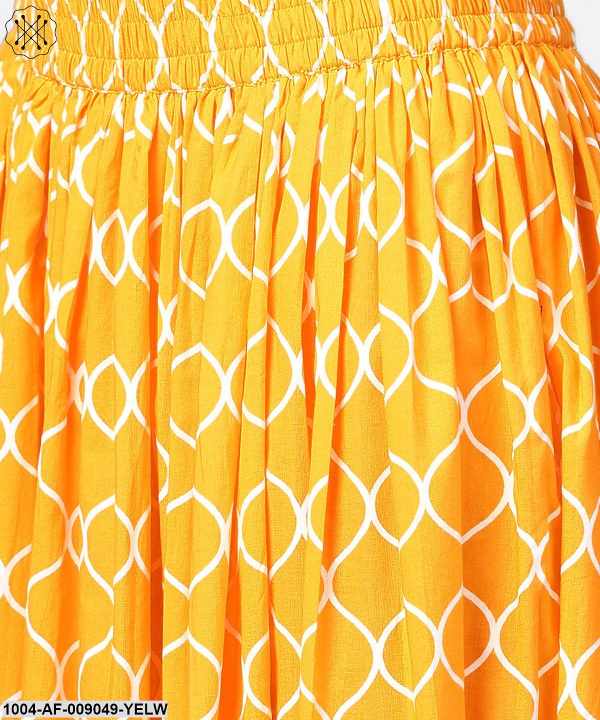 Yellow Printed 3/4Th Sleeve Cotton A-Line Kurta With Flared Ankle Length Skirt