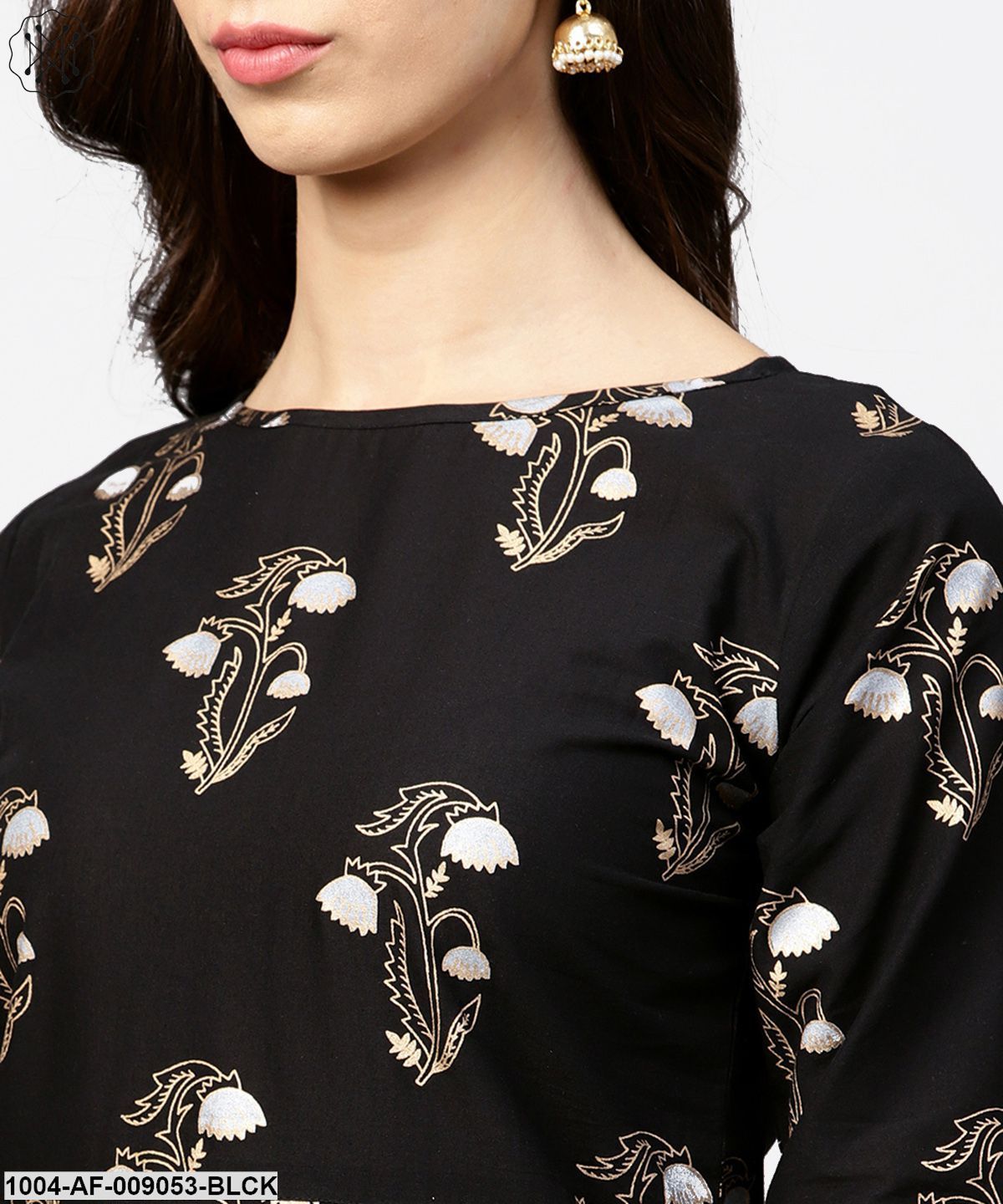 Black Printed 3/4Th Sleeve Cotton Kurta With Printed Skirt