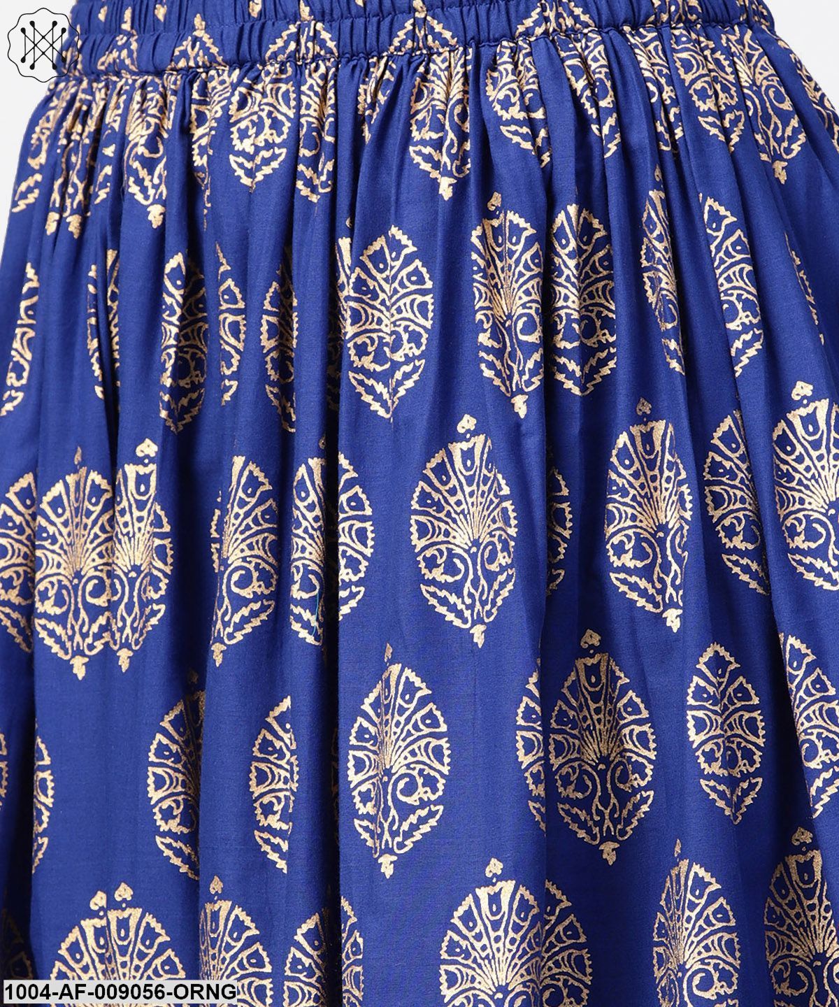 Orange Printed 3/4Th Sleeve Cotton Kurta With Blue Printed Flared Ankle Length Skirt