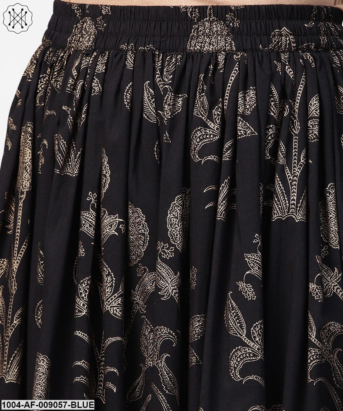 Blue Printed 3/4Th Sleeve A-Line Kurta With Black Flared Skirt
