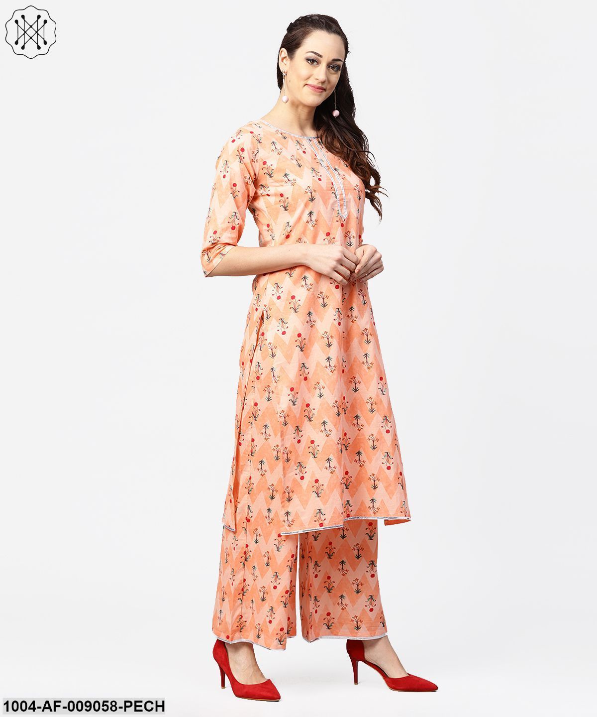 Peach Printed 3/4Th Sleeve Cotton Kurta With Printed Ankle Length Palazzo