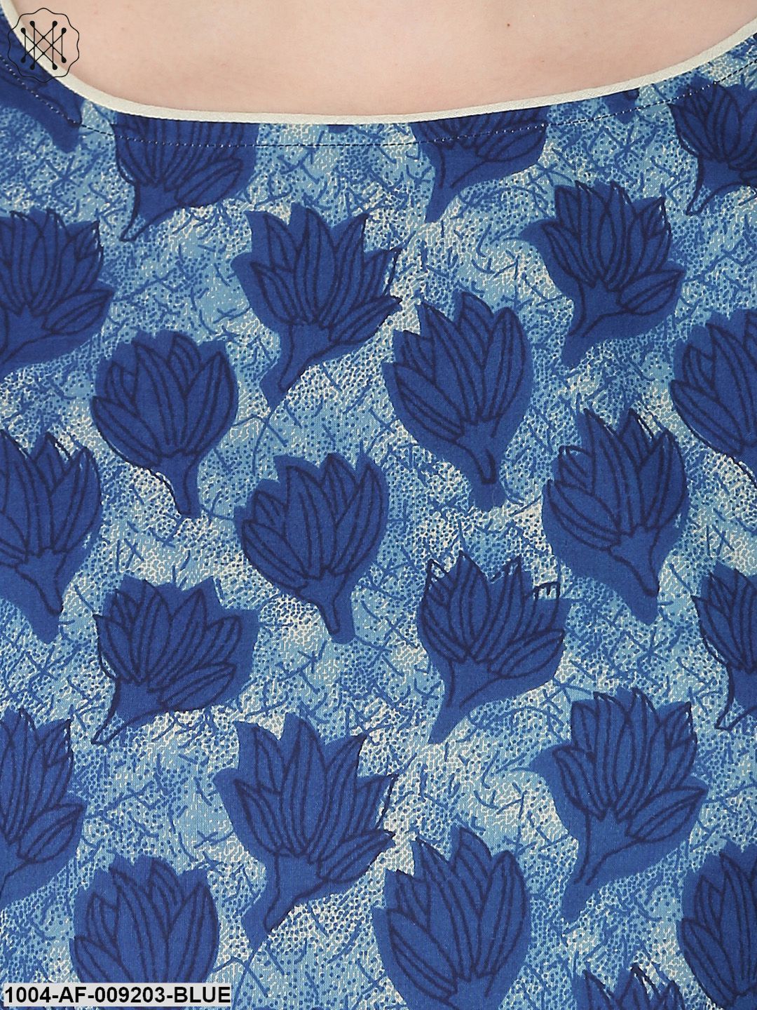 Blue Printed 3/4Th Sleeve Cotton Anarkali Kurta With Beige Flared Skirt