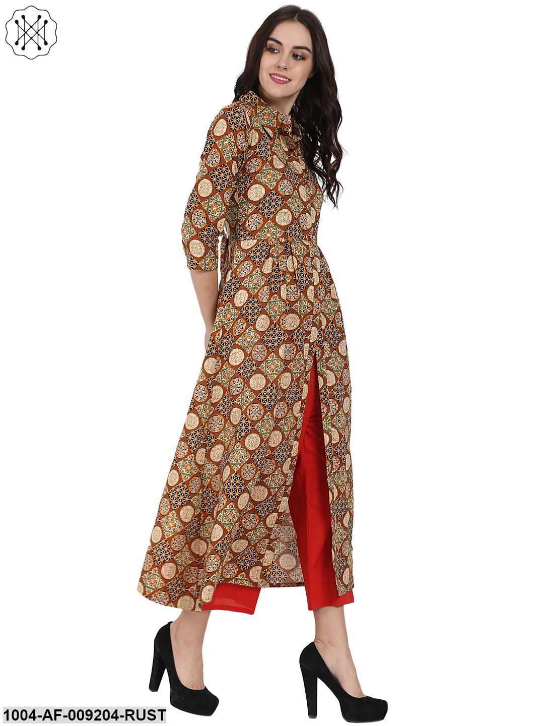 Rust Printed 3/4Th Sleeve Cotton A-Line Kurta With Red Tulip Pant