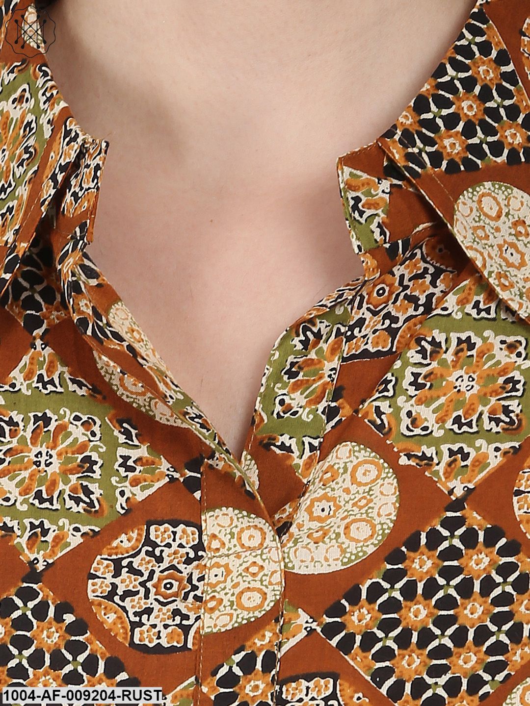 Rust Printed 3/4Th Sleeve Cotton A-Line Kurta With Red Tulip Pant