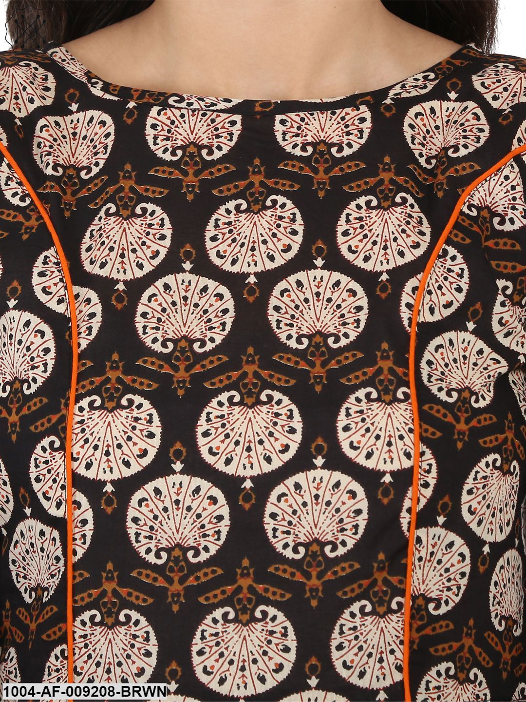 Brown Printed 3/4Th Sleeve Cotton A-Line Kurta With Orange Flared Skirt