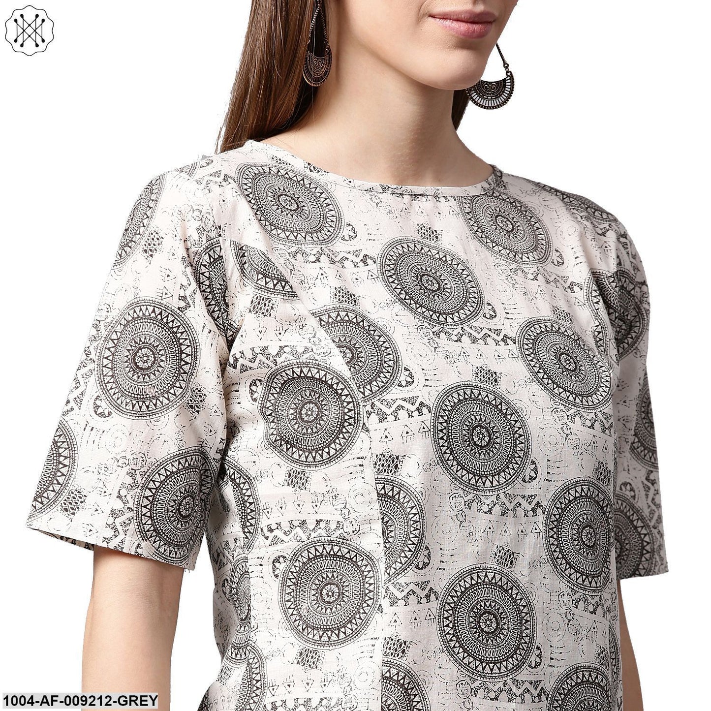 Grey Printed Half Sleeve Cotton Kurta With Black Printed Skirt