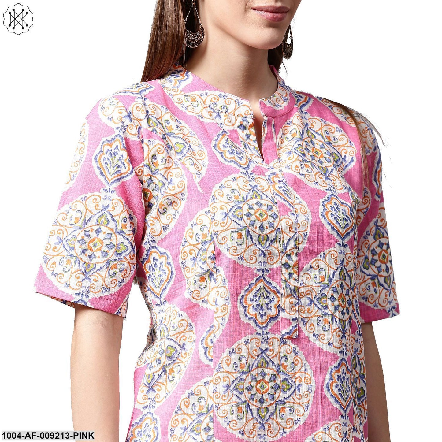 Pink Printed Half Sleeve Cotton A-Line Kurta With White Skirt
