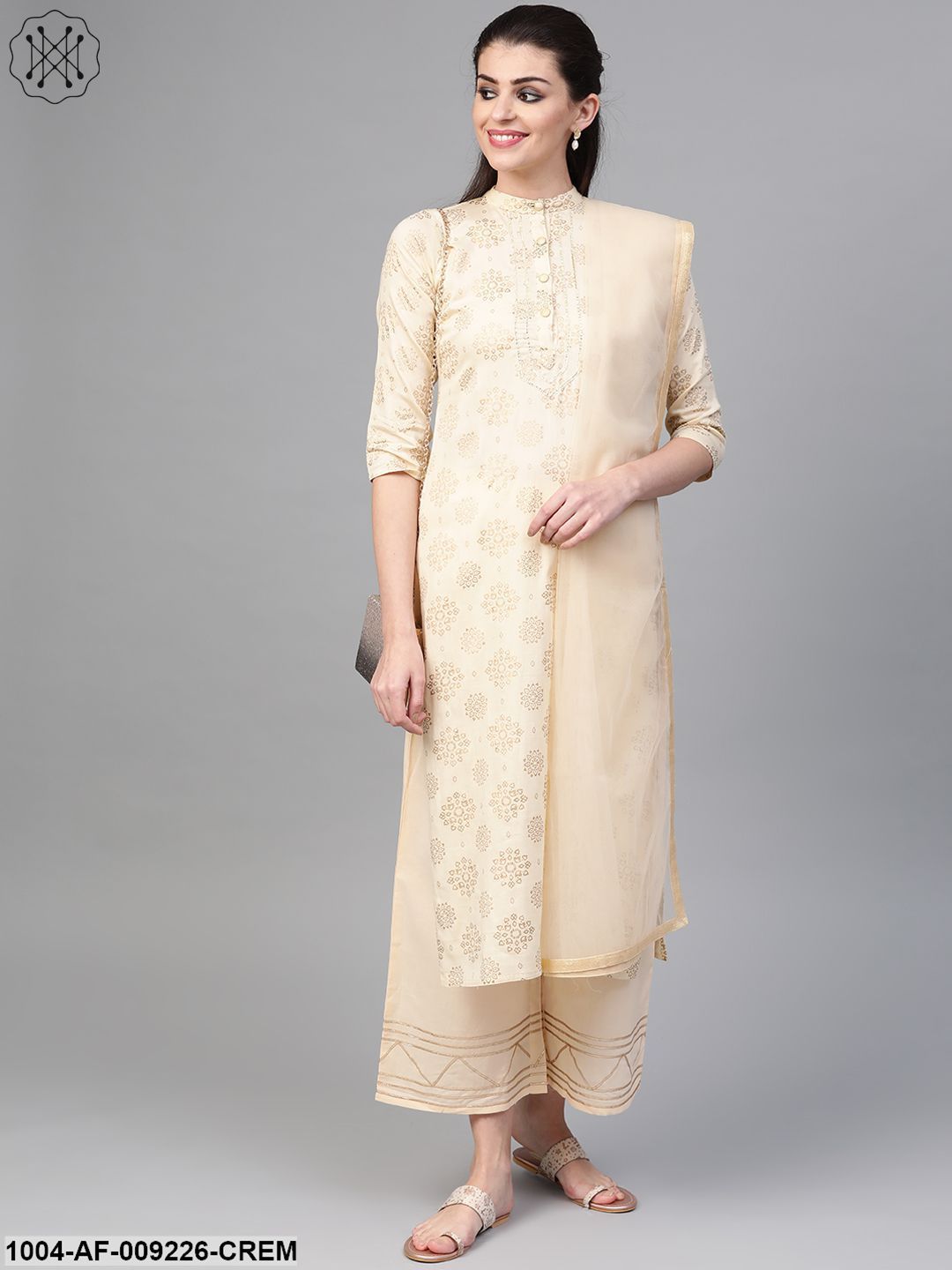 Women Cream & Gold Straight Ethnic Motifs Printed Kurta And Palazzos Set
