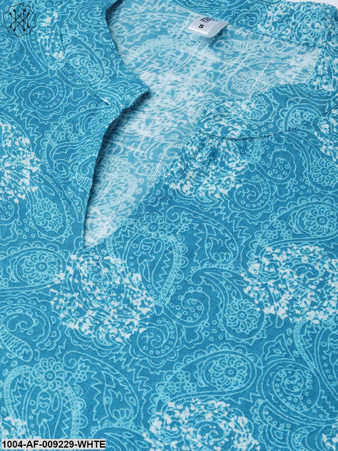 Women Blue & White Straight Paisley Printed Kurta And Skirt Set