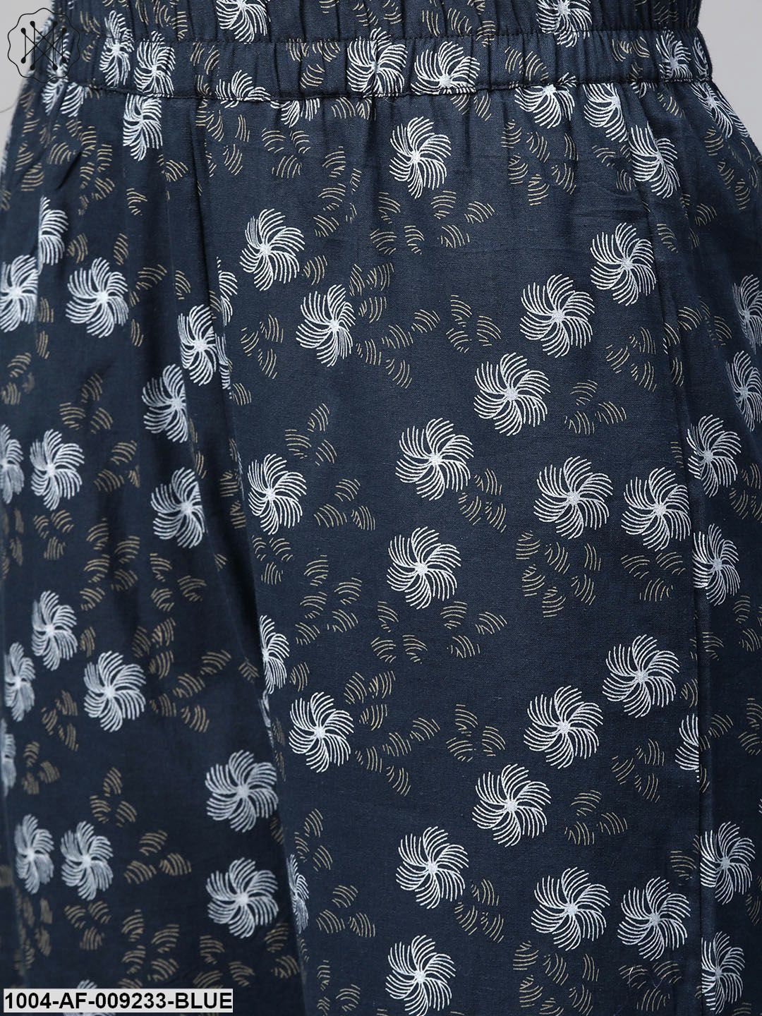 Women Navy Blue & Blue Straight Floral Printed Kurta And Trousers Set