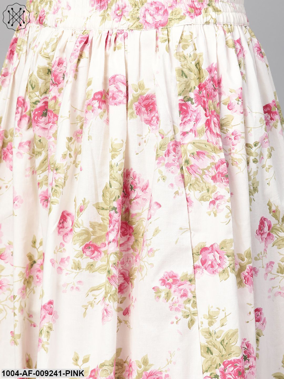 Women Off White & Pink Straight Floral Printed Kurta And Skirt Set