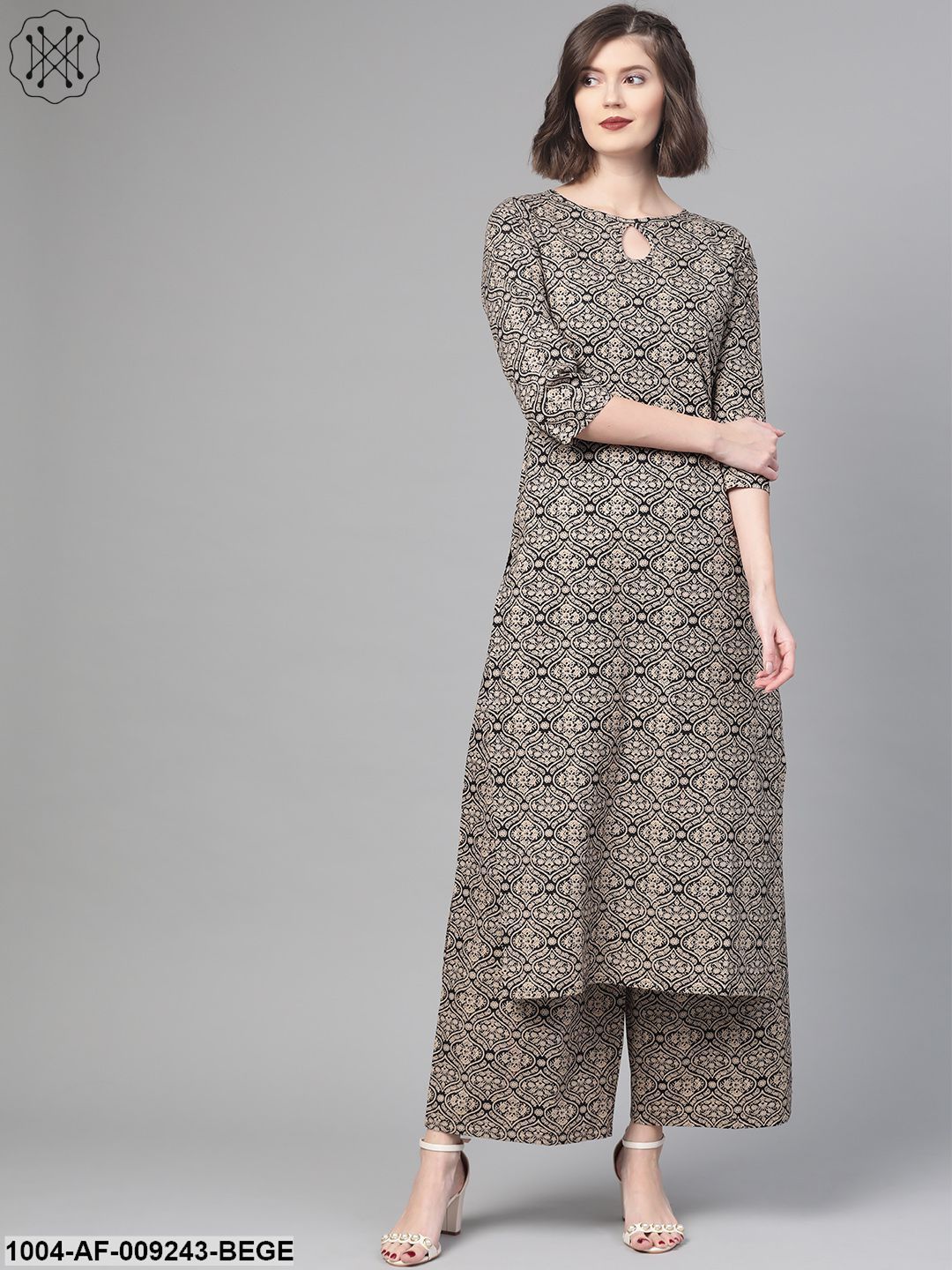 Women Black & Beige Straight Ethnic Motifs Printed Kurta And Palazzos Set