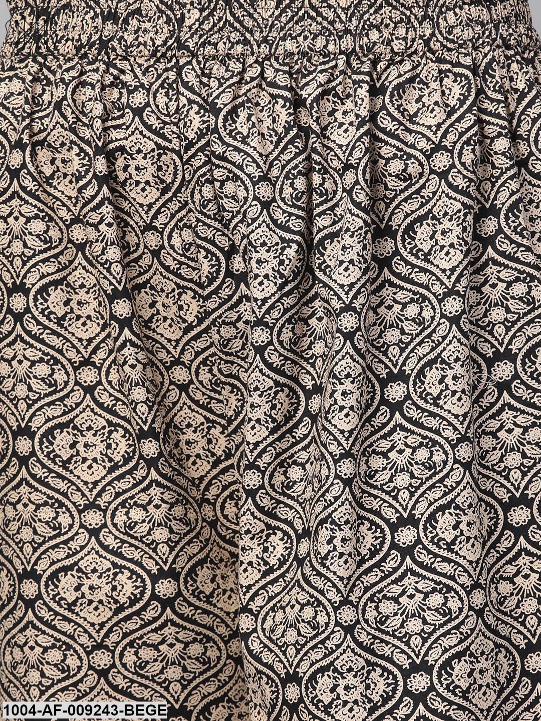 Women Black & Beige Straight Ethnic Motifs Printed Kurta And Palazzos Set