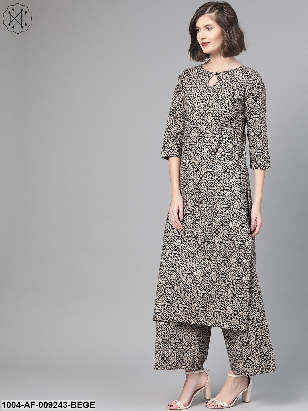 Women Black & Beige Straight Ethnic Motifs Printed Kurta And Palazzos Set