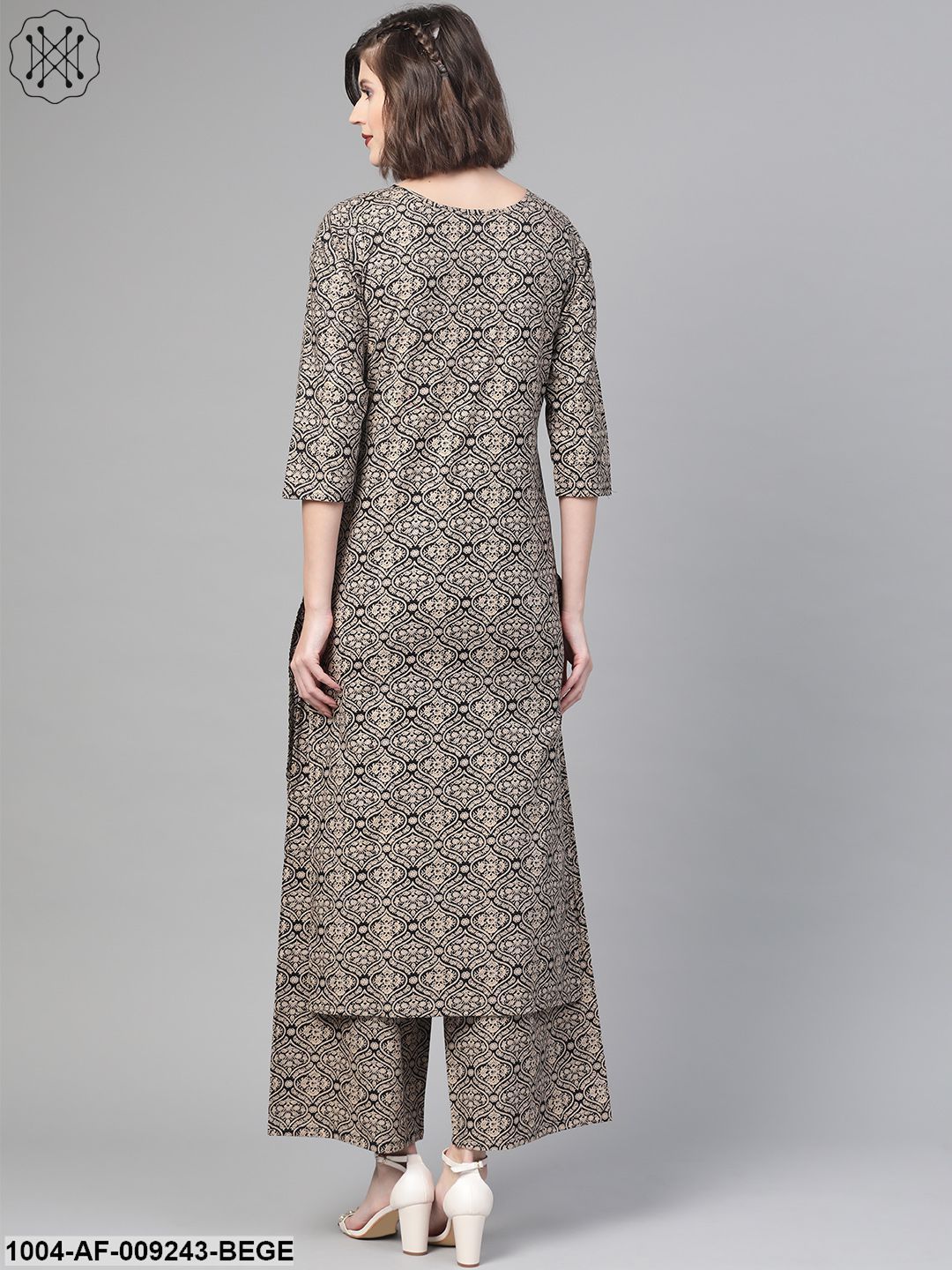 Women Black & Beige Straight Ethnic Motifs Printed Kurta And Palazzos Set