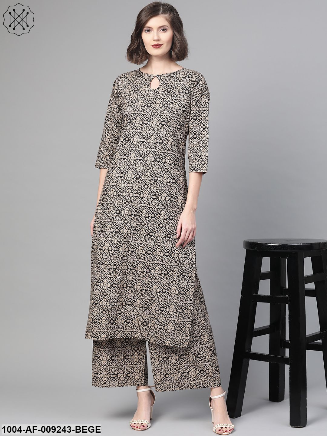 Women Black & Beige Straight Ethnic Motifs Printed Kurta And Palazzos Set
