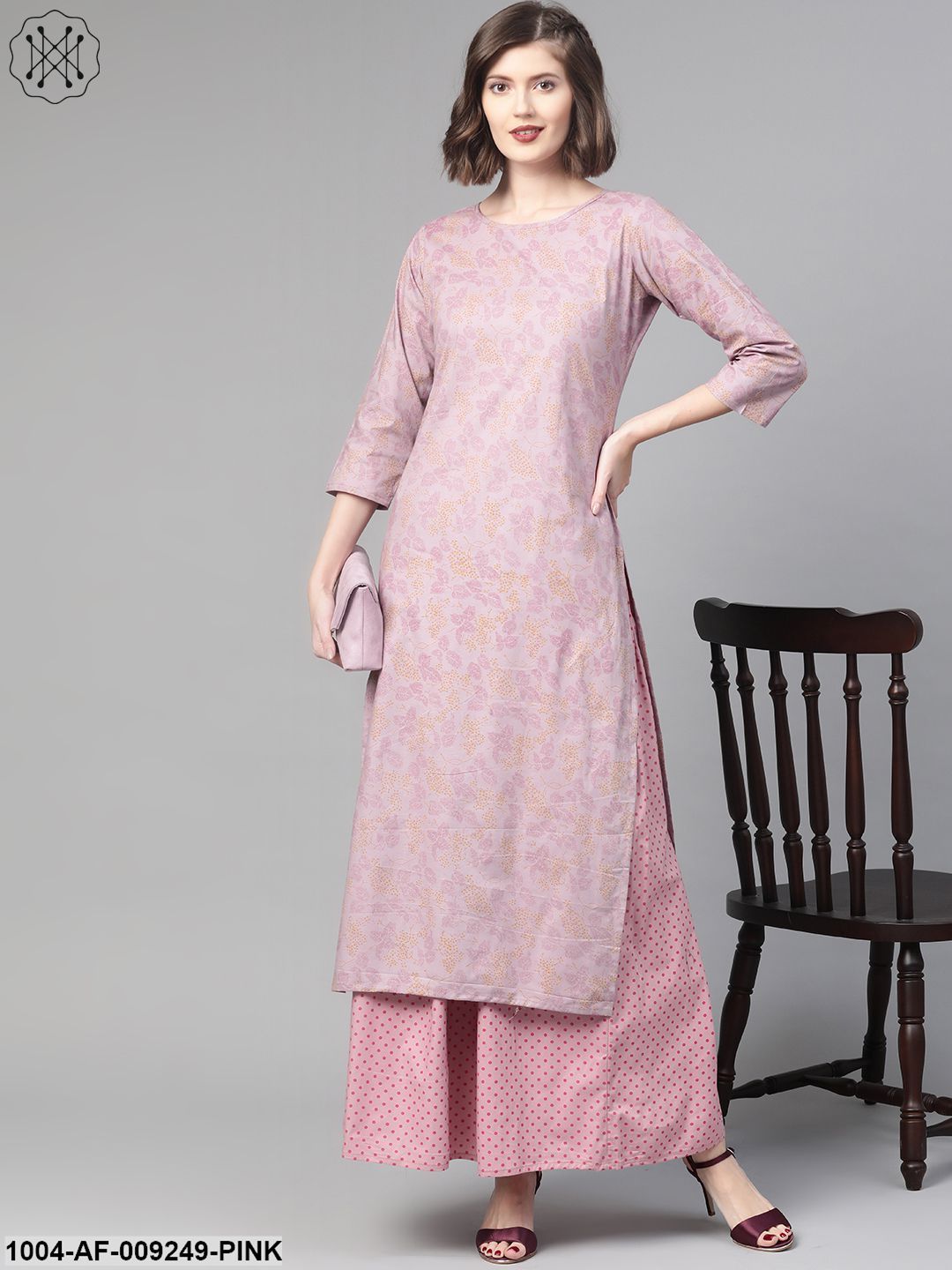 Women Mauve & Pink Straight Floral Printed Kurta And Skirt Set